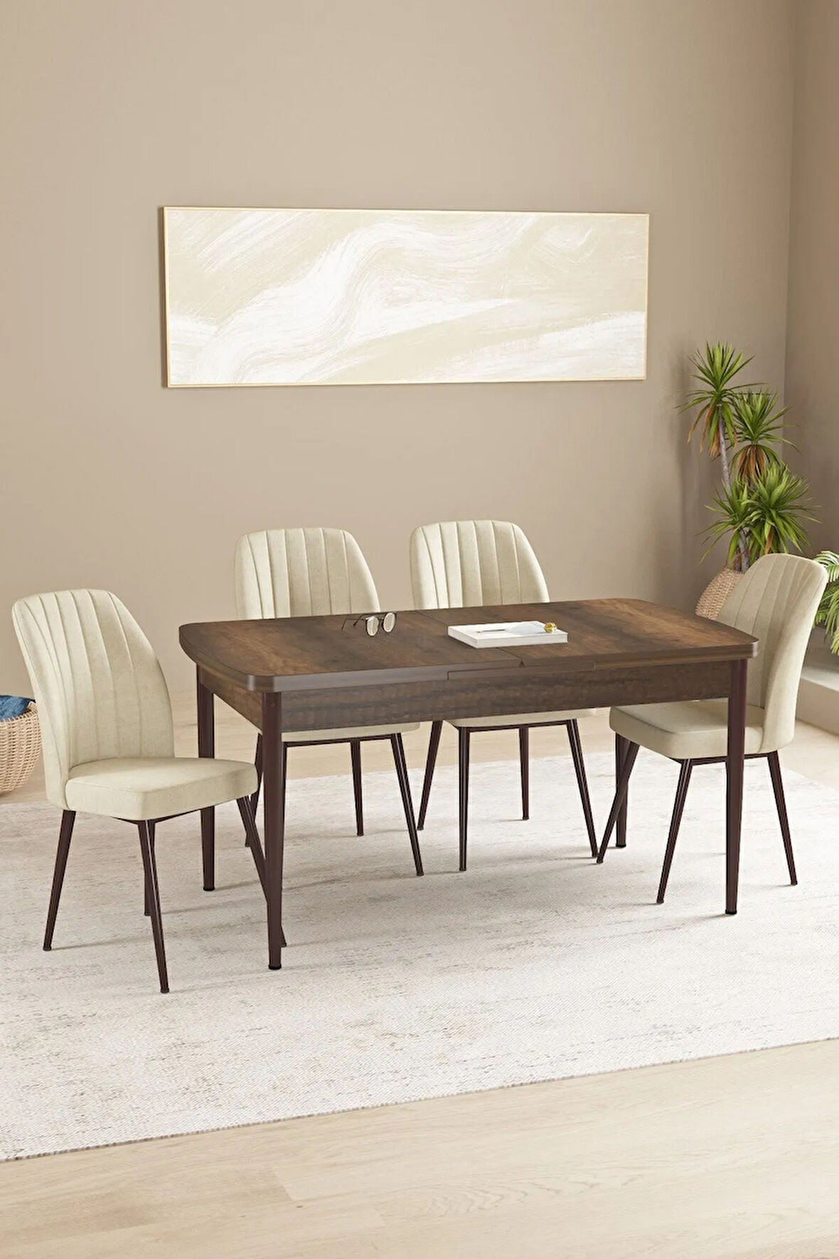 Floryn MDF Barok Desen Açılabilir 80x132 Cm 4 Sandalyeli Mutfak Masası Takımı
