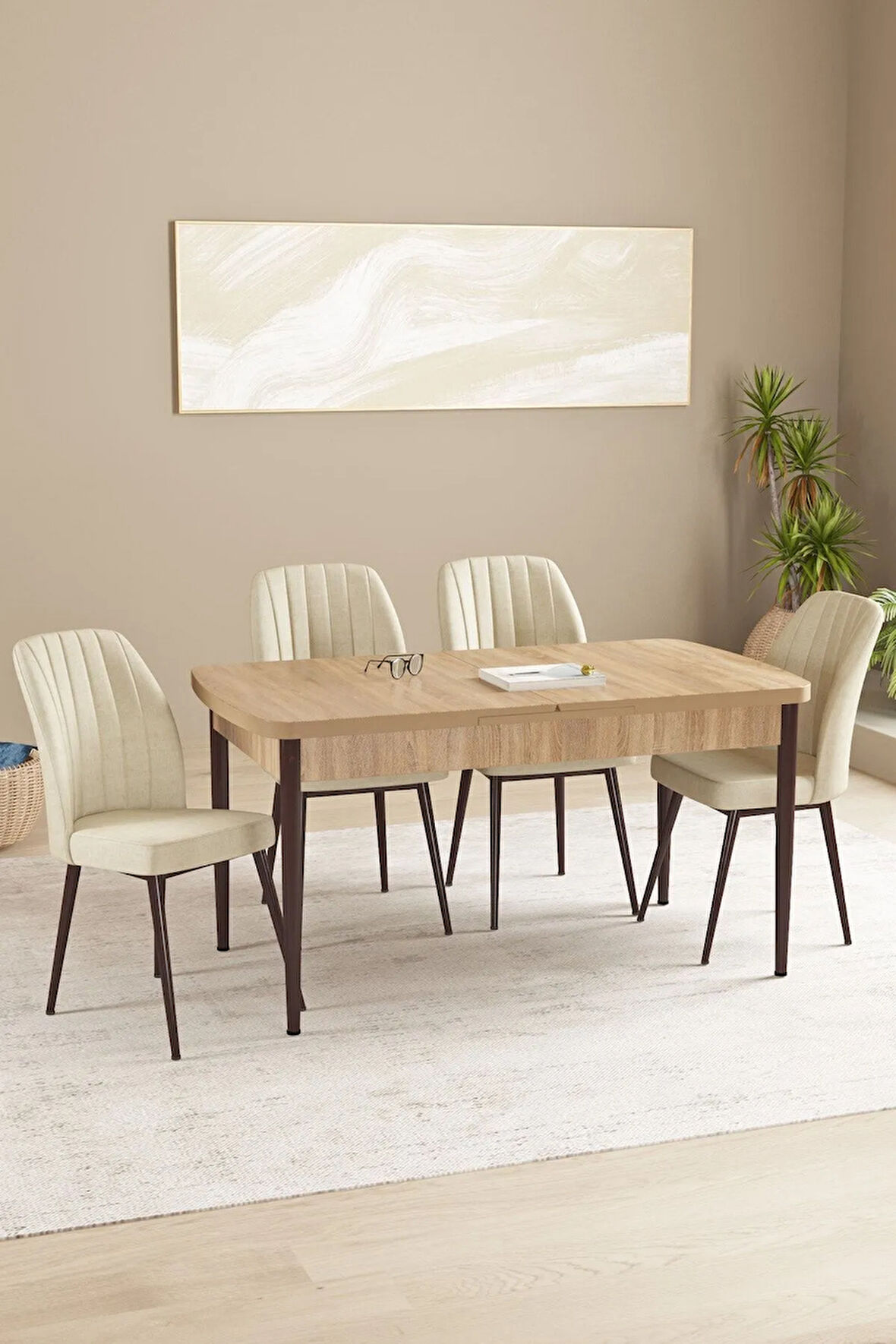 Floryn MDF Meşe Desen Açılabilir 80x132 Cm 4 Sandalyeli Mutfak Masası Takımı