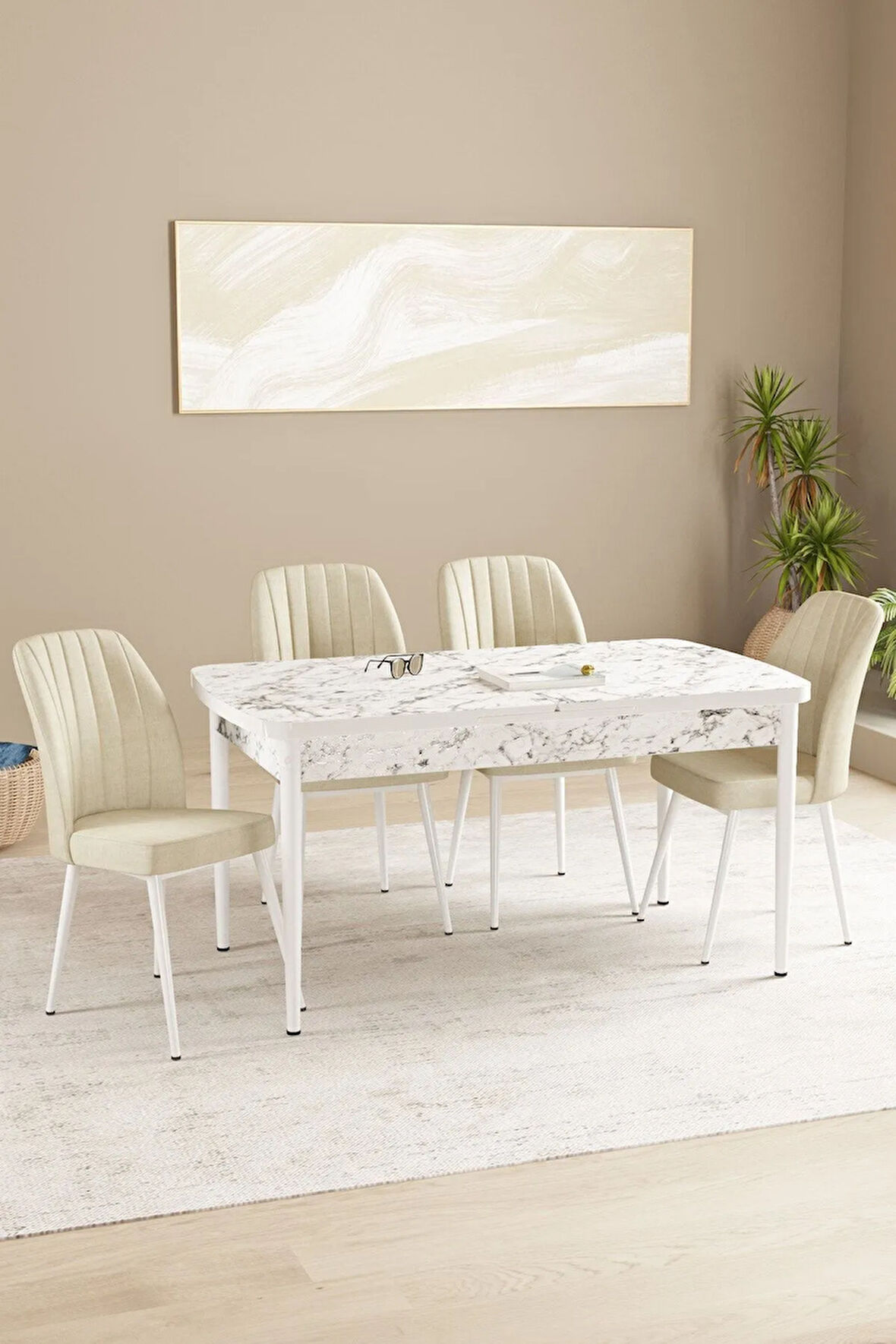 Floryn Beyaz Mermer Desen 80 X 132 Açılabilir MDF Mutfak Masa Takımı 4 Sandalye