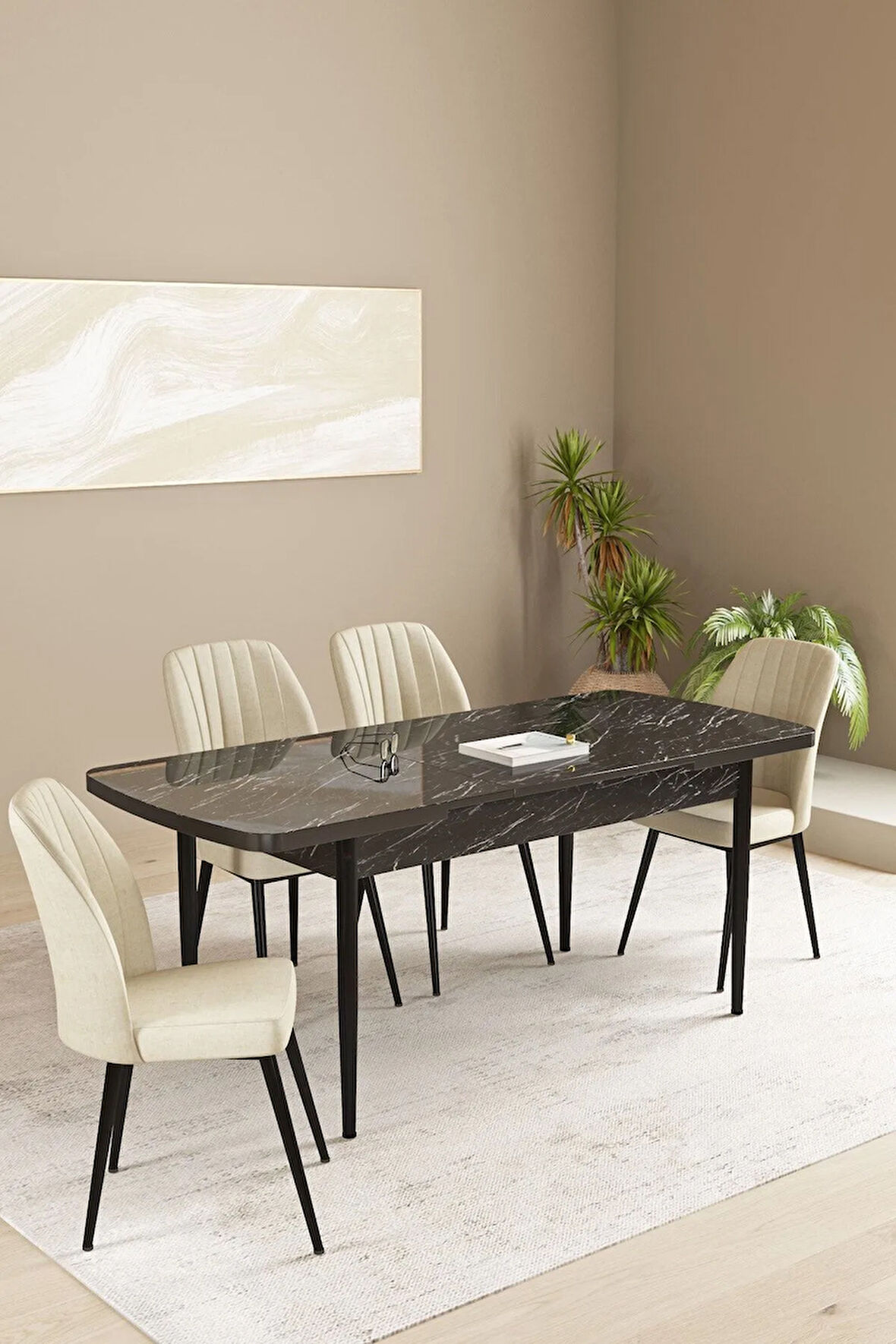 Floryn Siyah Mermer Desen 80 X 132 Açılabilir MDF Mutfak Masa Takımı 4 Sandalye