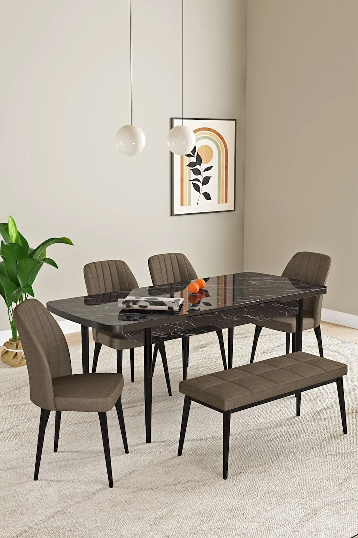Ikon Barok Desen 80x132 MDF Açılabilir Mutfak Masası Takımı 4  Sandalye