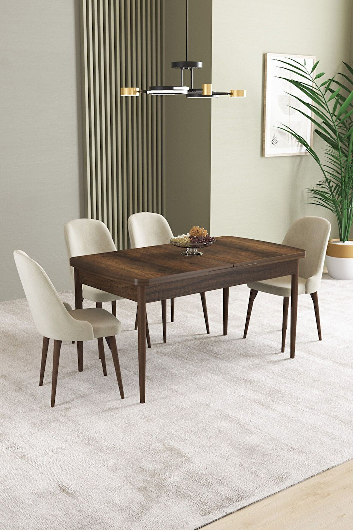 Ikon Barok Desen 80x132 Açılabilir Mdf Masa Yemek Odası Takımı, Mutfak Takımı 4 Adet Sandalye