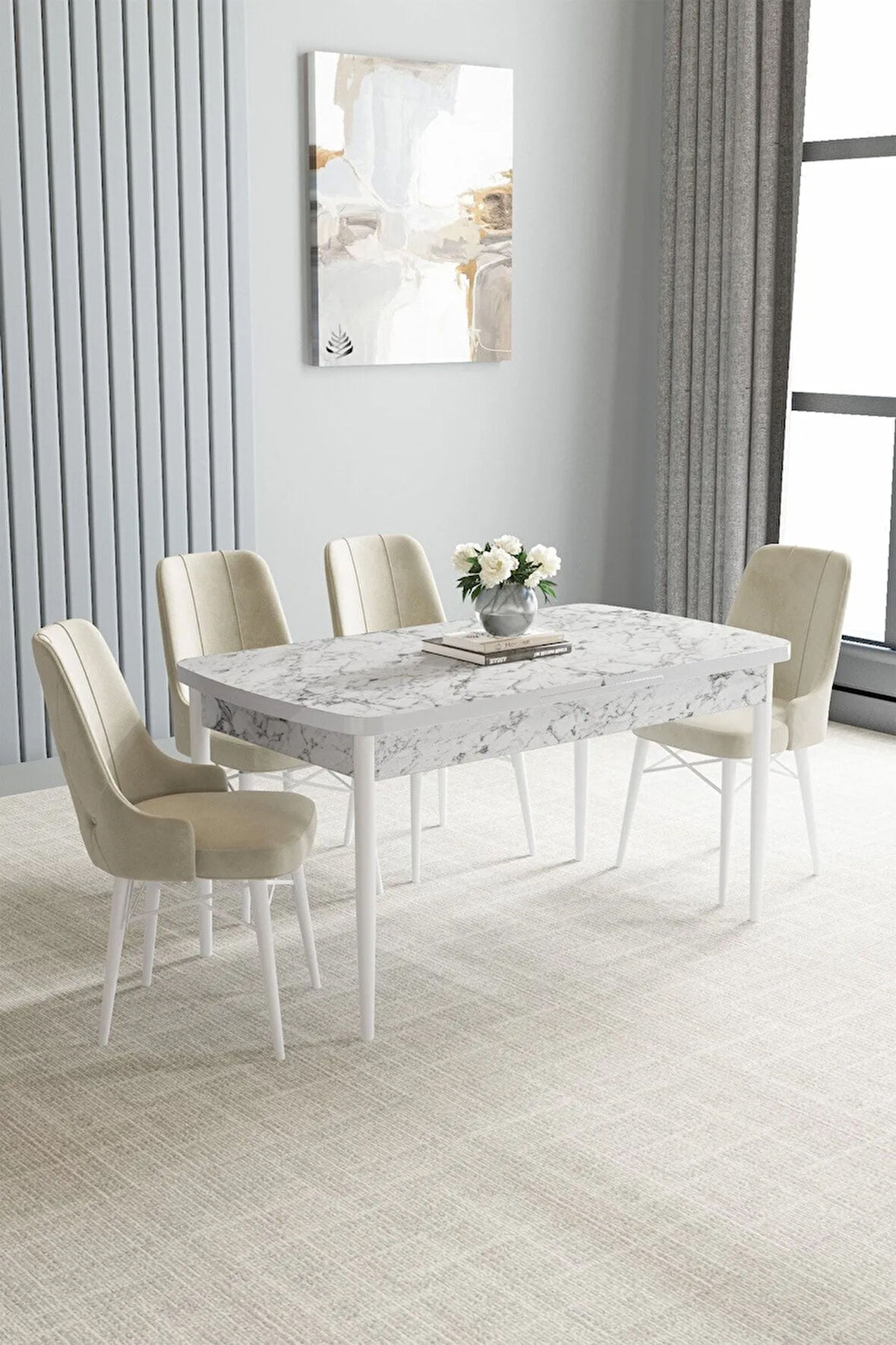 Jusie Beyaz Mermer Desen 80x132 Açılabilir Yemek Odası Takımı 4  Sandalye