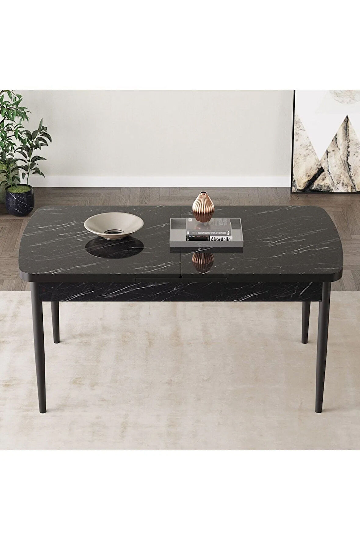 Jusie Siyah Mermer Desen 80x132 Açılabilir Yemek Odası Takımı 4  Sandalye