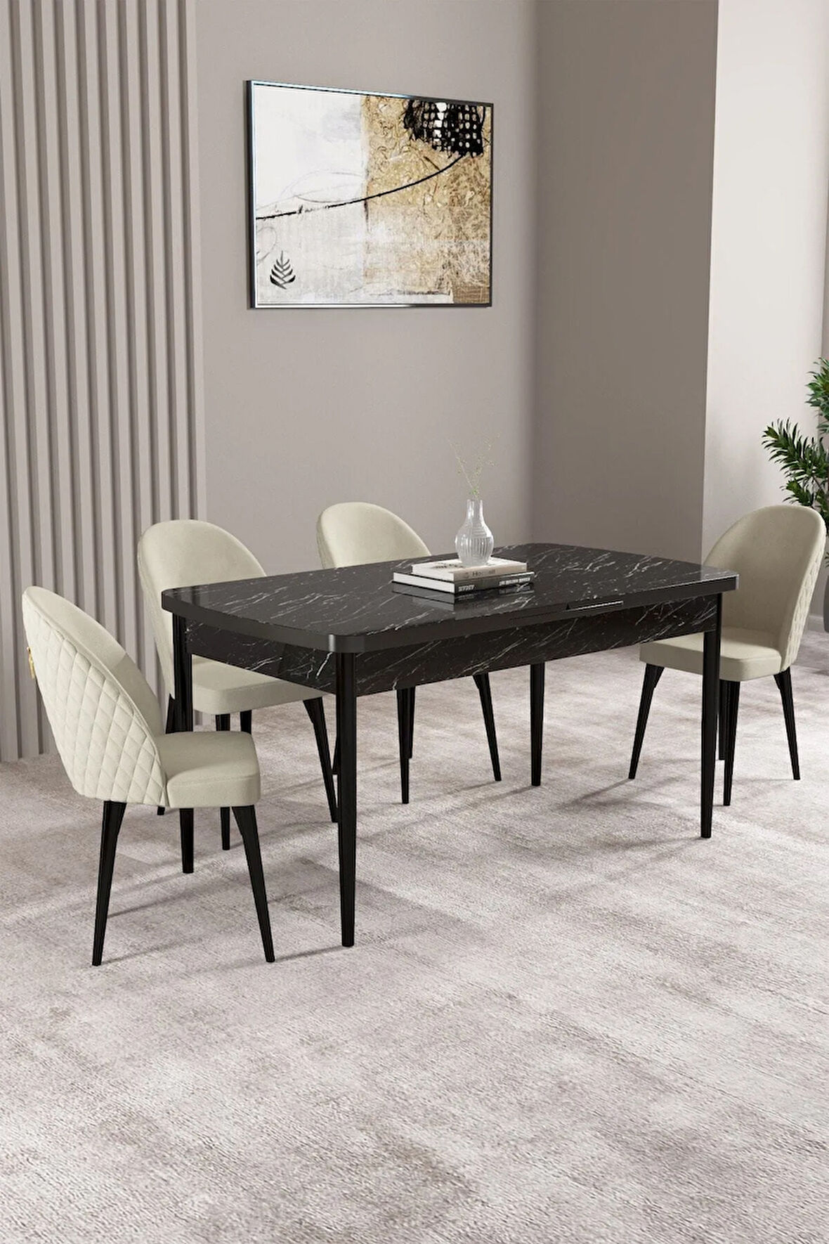 Lima Siyah Mermer Desen 80x132 MDF Açılabilir Mutfak Masası Takımı 4  Sandalye