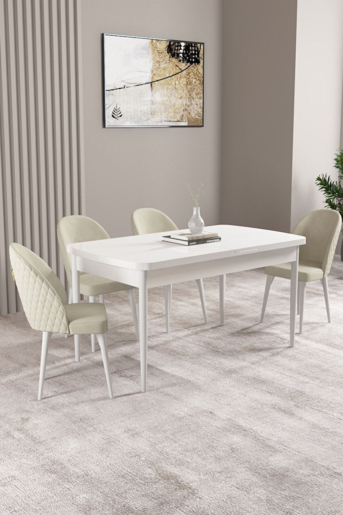 Milas Beyaz 80x132 Açılabilir Mdf Masa Yemek Odası Takımı, Mutfak Takımı 4 Adet Sandalye