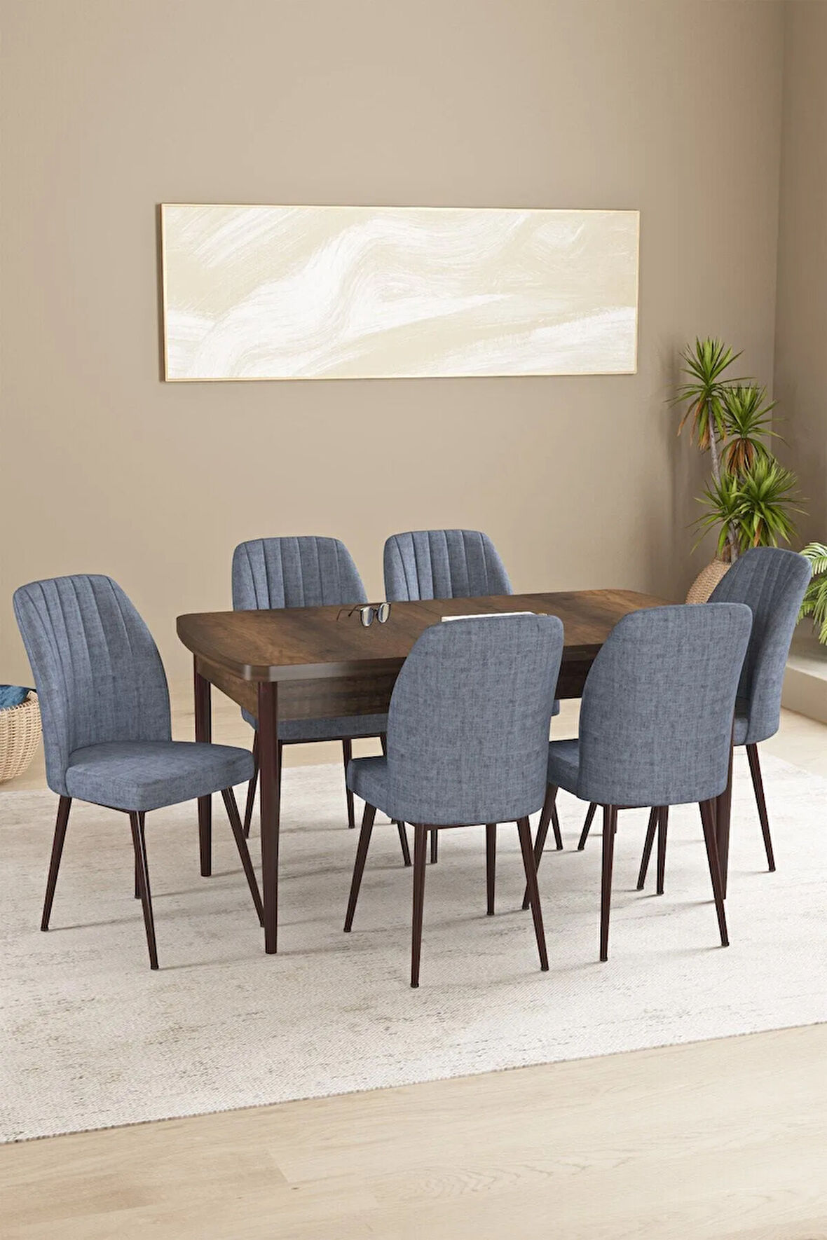 Milas Beyaz Mermer Desen 80x132 MDF Açılabilir Mutfak Masası Takımı 4  Sandalye