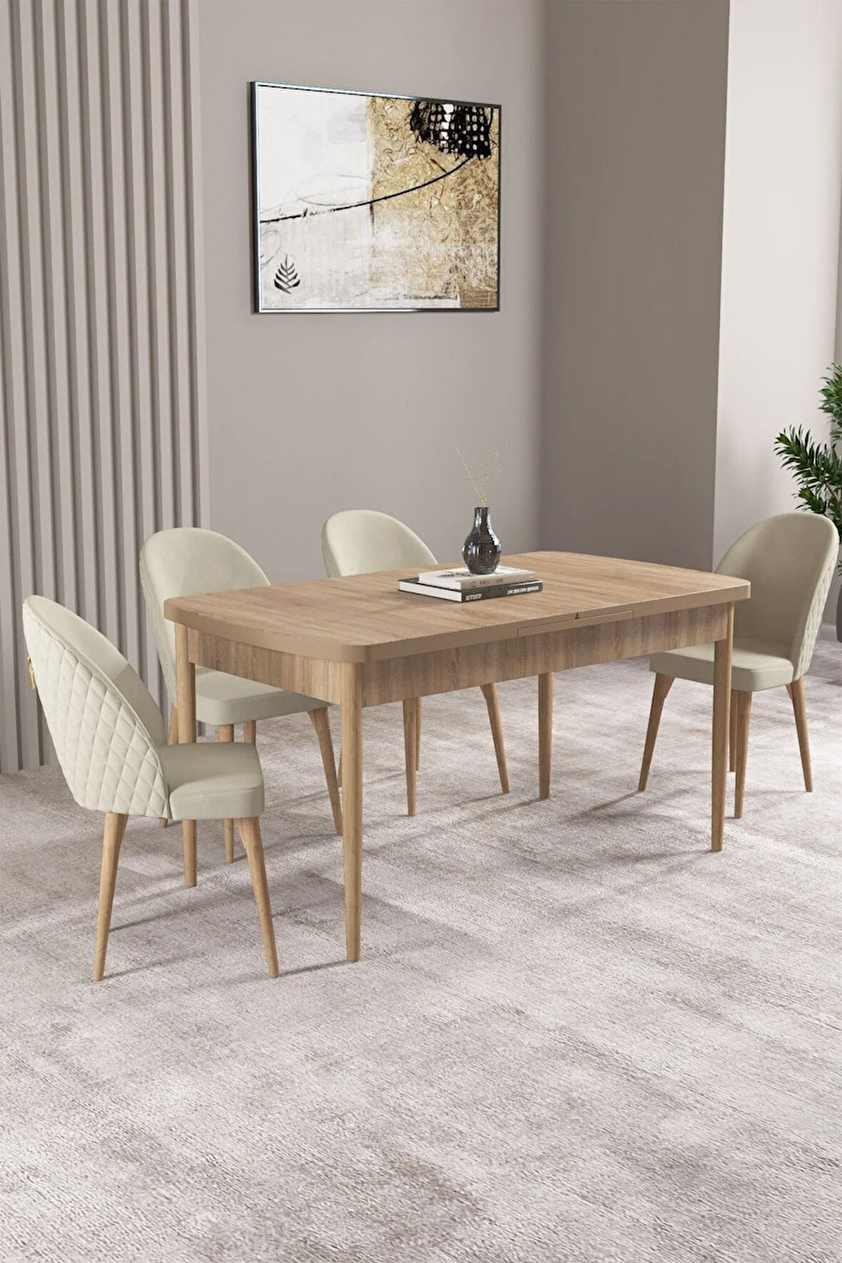 Milas Meşe Desen 80x132 MDF Açılabilir Mutfak Masası Takımı 4  Sandalye