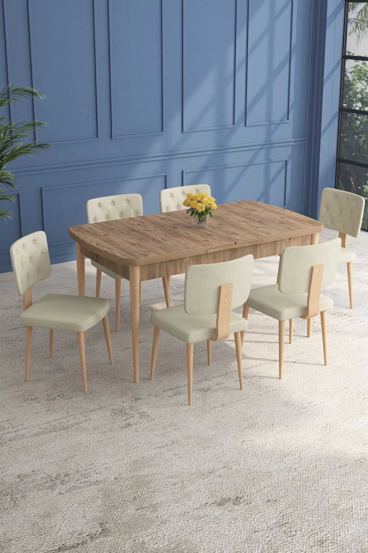 Milas Siyah Mermer Desen 80x132 MDF Açılabilir Mutfak Masası Takımı 4  Sandalye