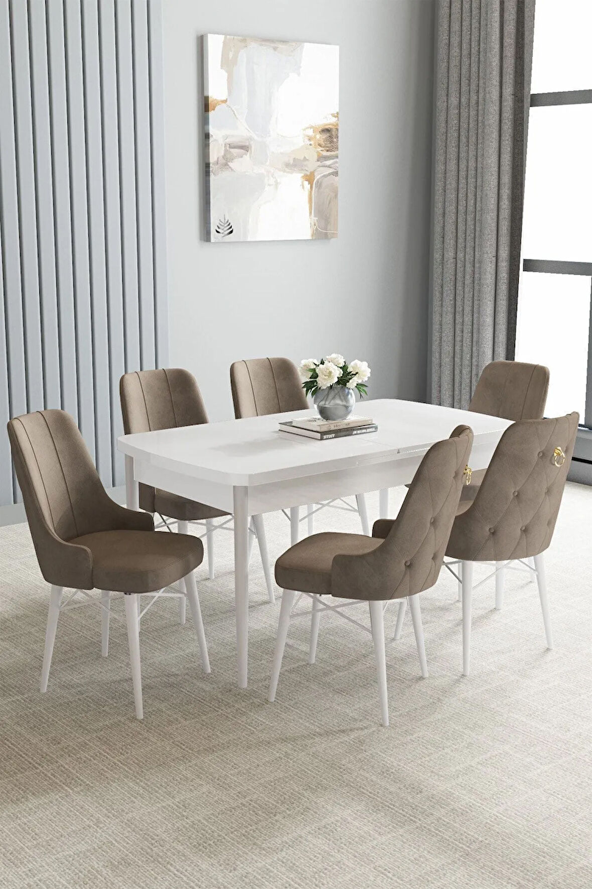 Milas Beyaz Mermer Desen 80x132 MDF Açılabilir Yemek Masası Takımı 4  Sandalye