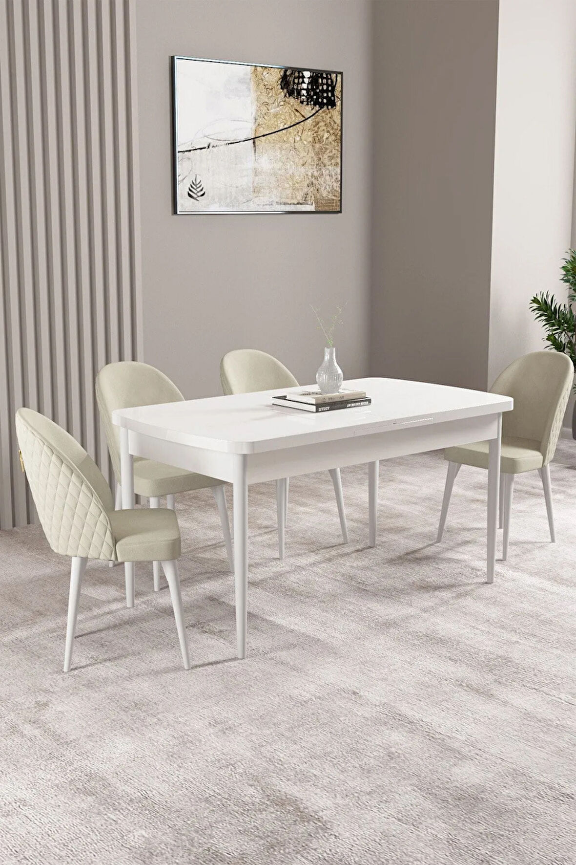 Milas Beyaz 80x132 MDF Açılabilir Yemek Masası Takımı 4  Sandalye