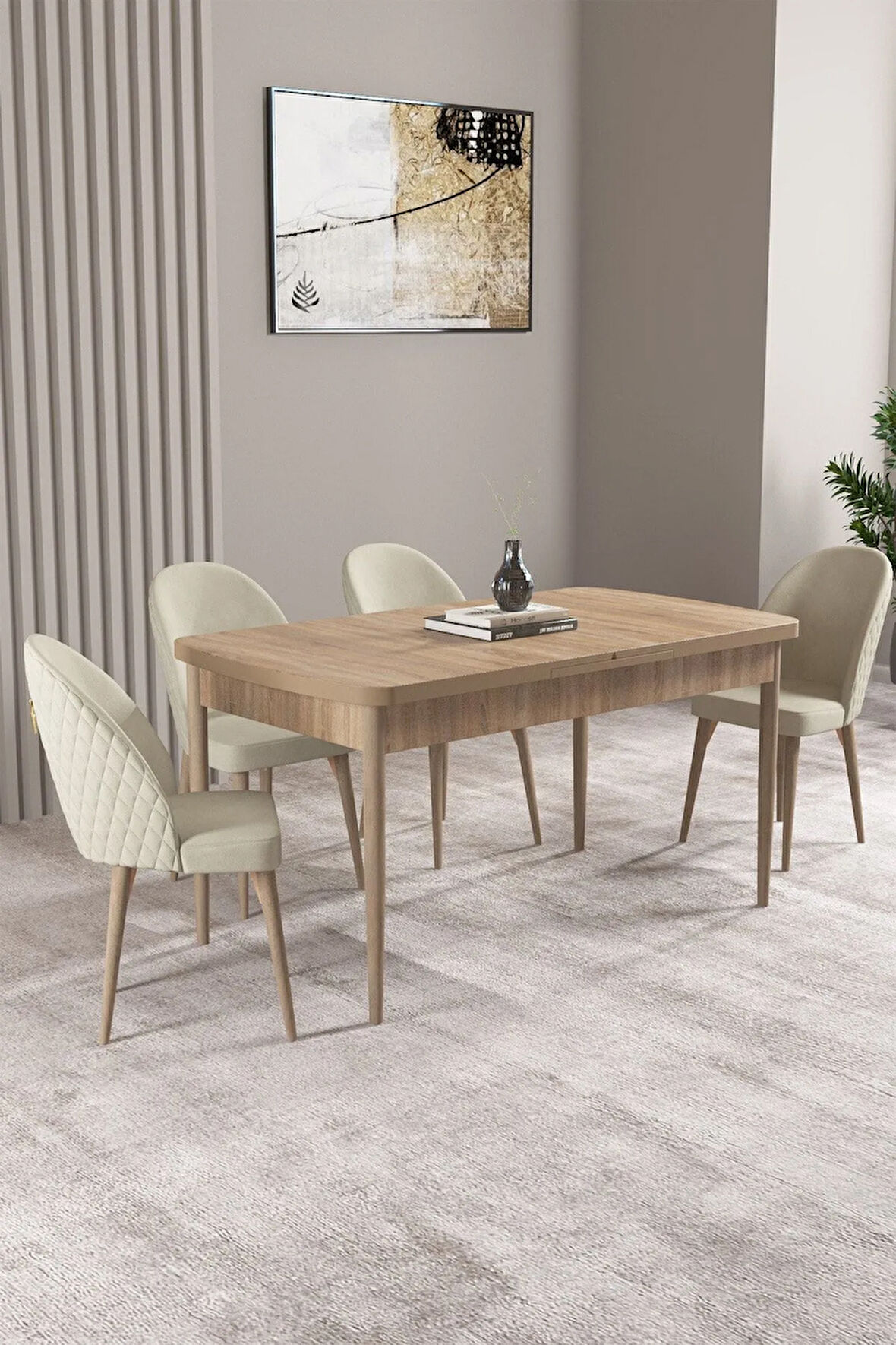Milas Meşe Desen 80x132 MDF Açılabilir Yemek Masası Takımı 4  Sandalye