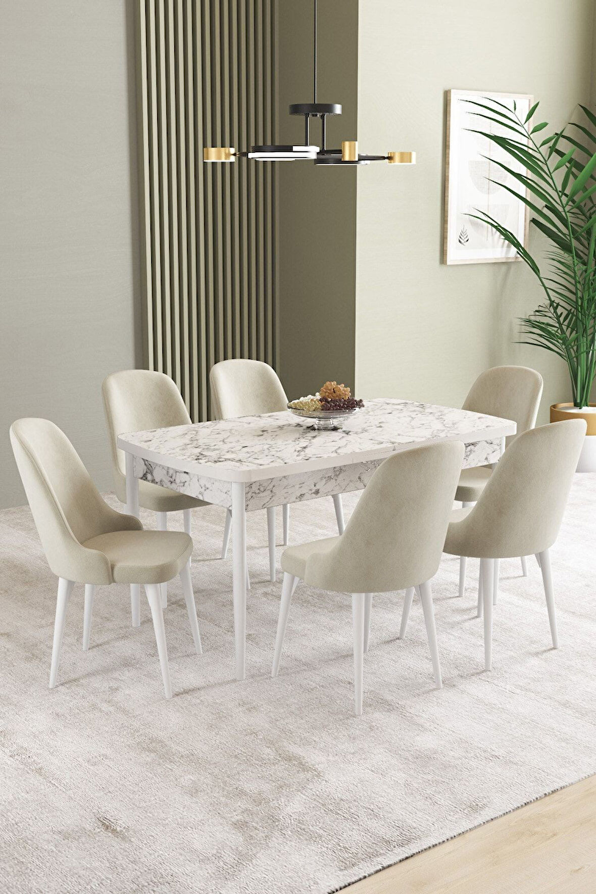 Ikon Beyaz Mermer 80x132 Açılabilir Mdf Masa Yemek Odası Takımı, Mutfak Takımı 6 Adet Sandalye
