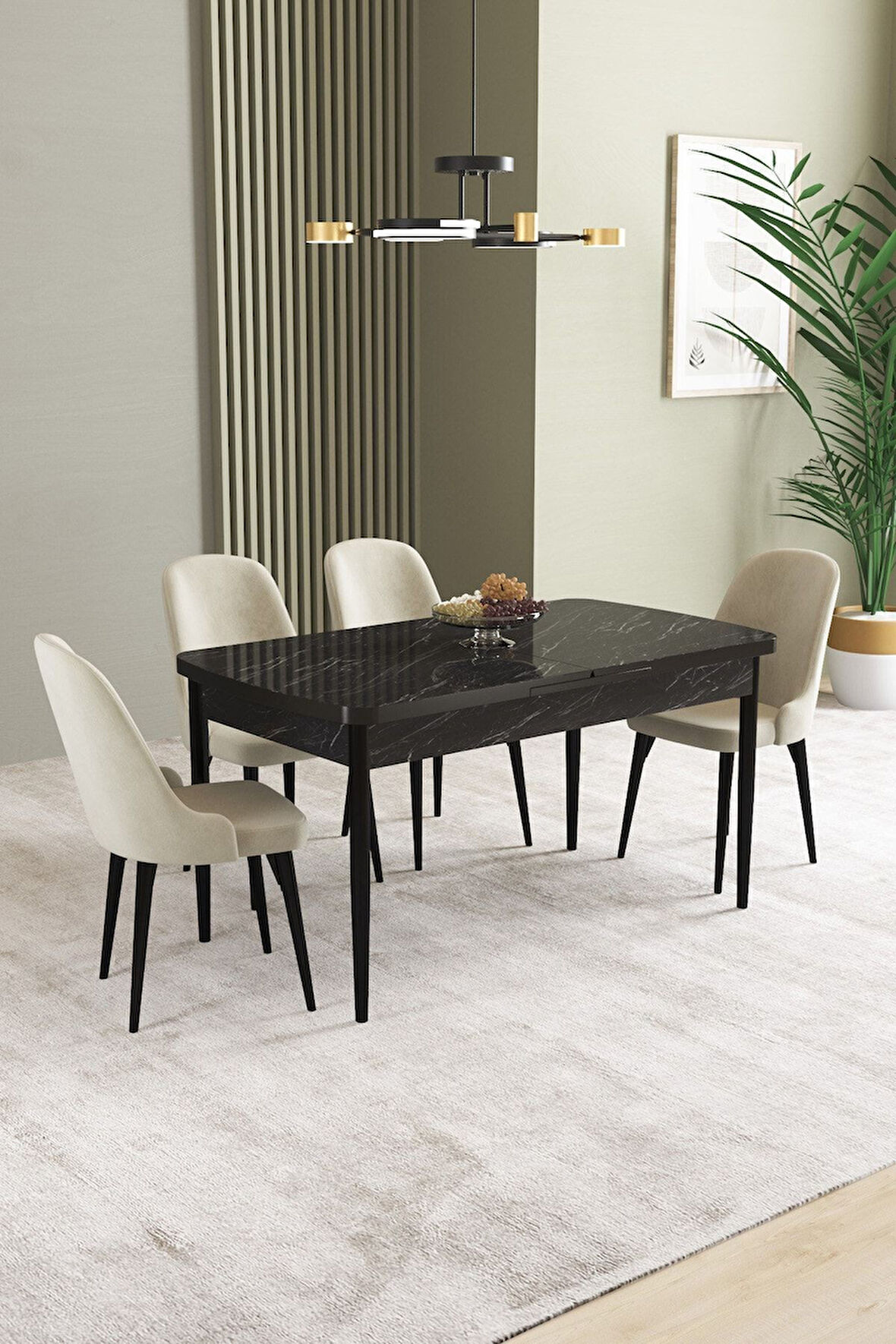 Ikon Siyah Mermer 80x132 Açılabilir Mdf Masa Yemek Odası Takımı, Mutfak Takımı 4 Adet Sandalye