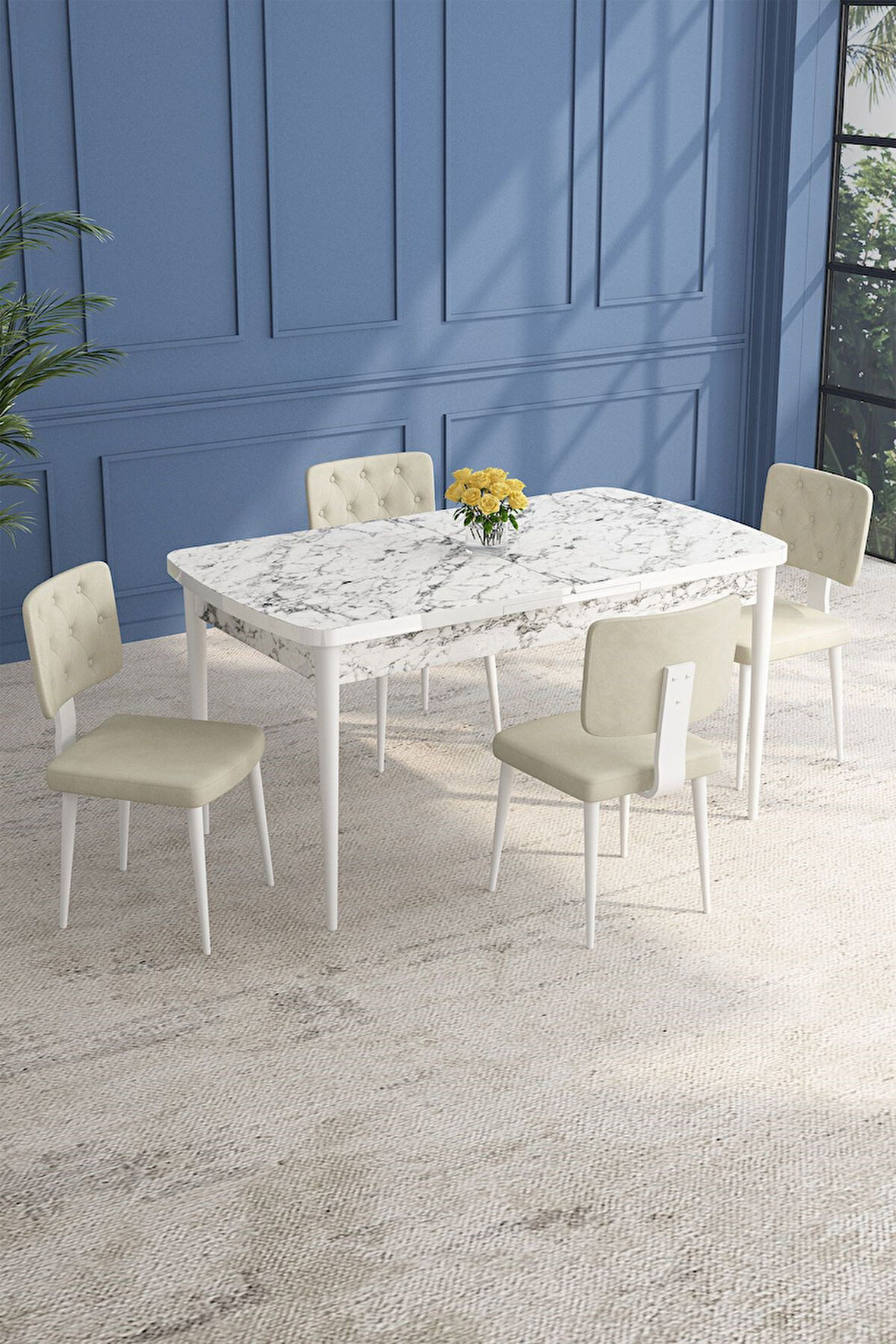 Lars Beyaz Mermer 80x132 Açılabilir Mdf Masa Yemek Odası Takımı,Mutfak Takımı 4 Adet Sandalye