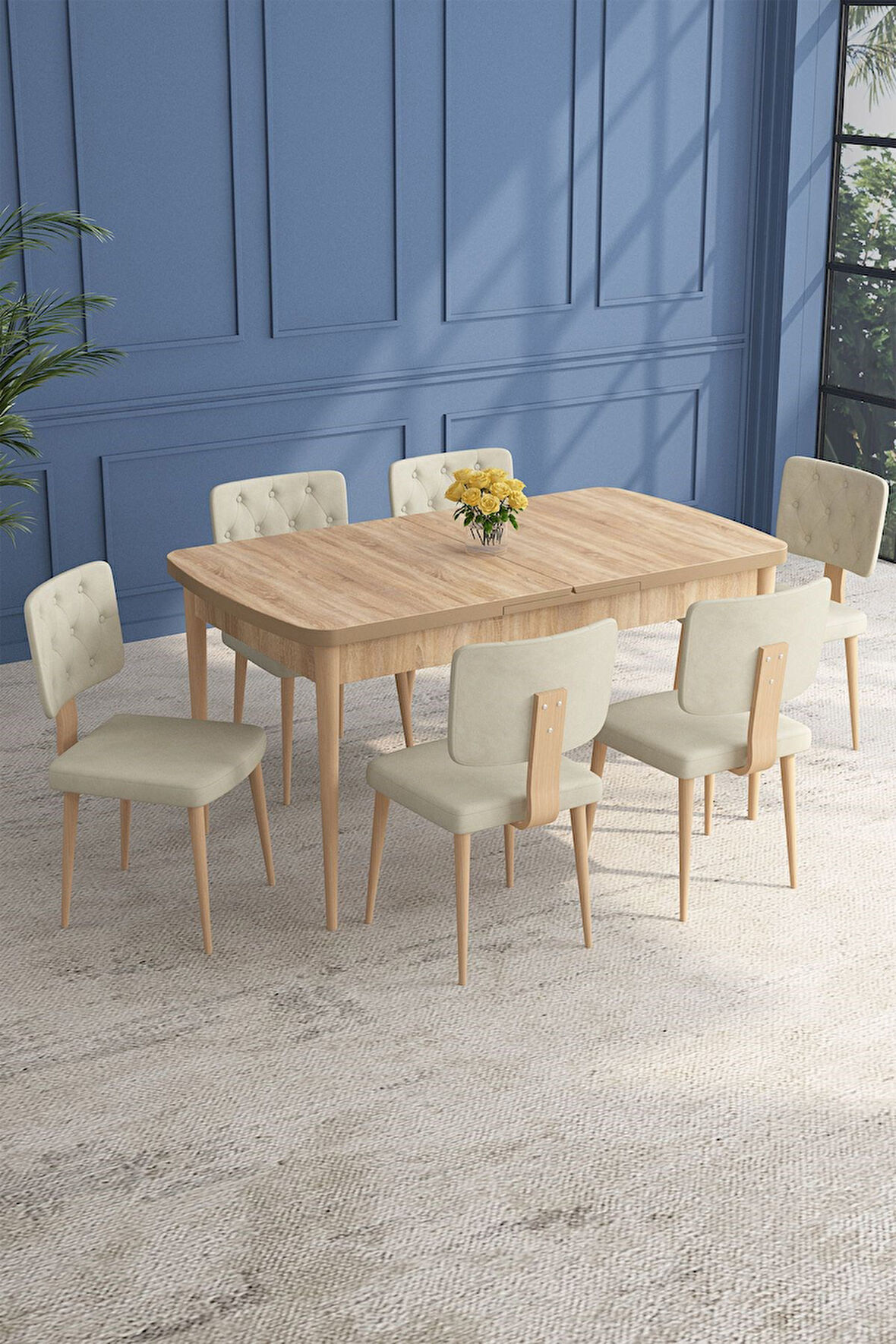 Lars Meşe 80x132 Açılabilir Mdf Masa Yemek Odası Takımı,Mutfak Takımı 6 Adet Sandalye