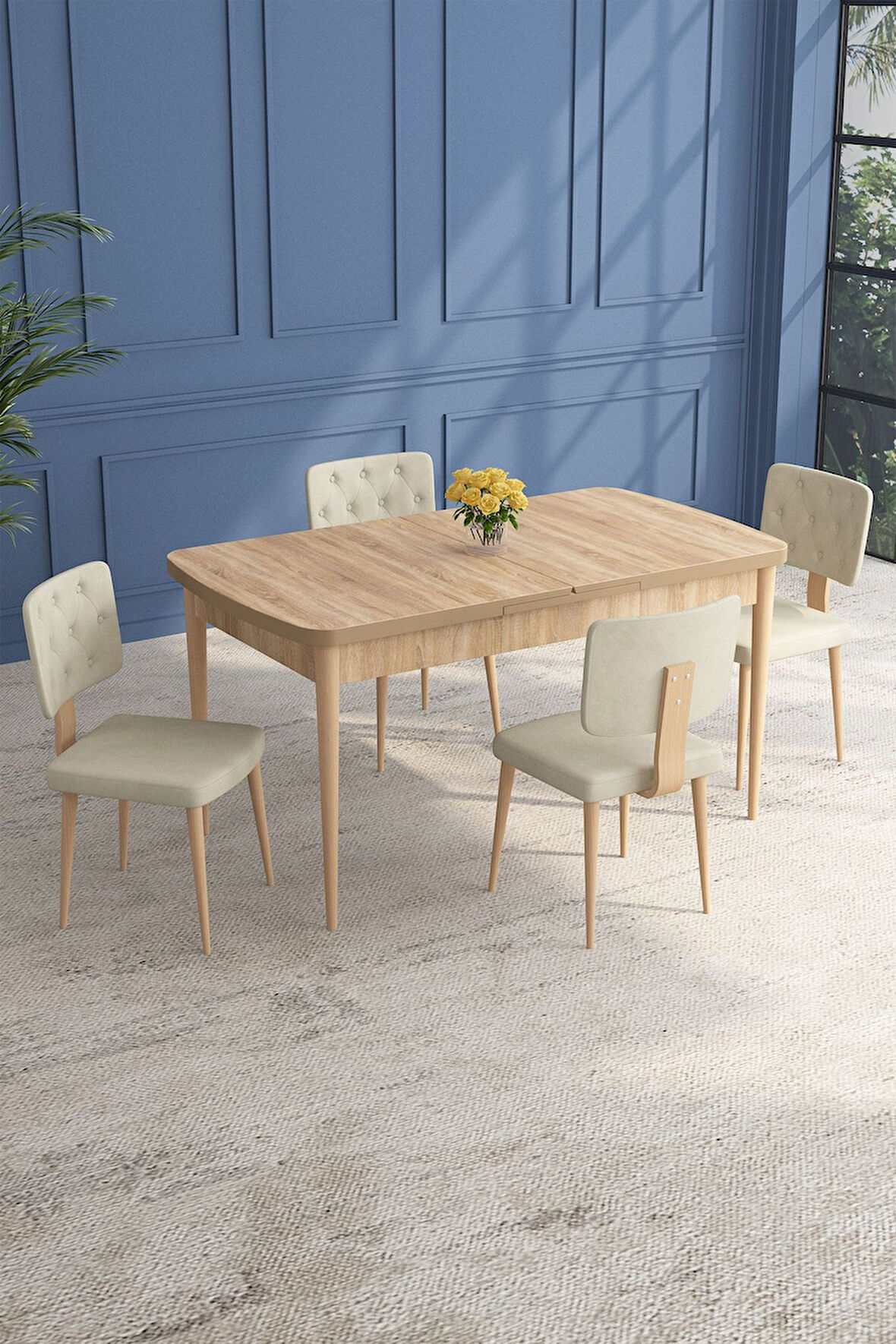 Lars Meşe 80x132 Açılabilir Mdf Masa Yemek Odası Takımı,Mutfak Takımı 4 Adet Sandalye