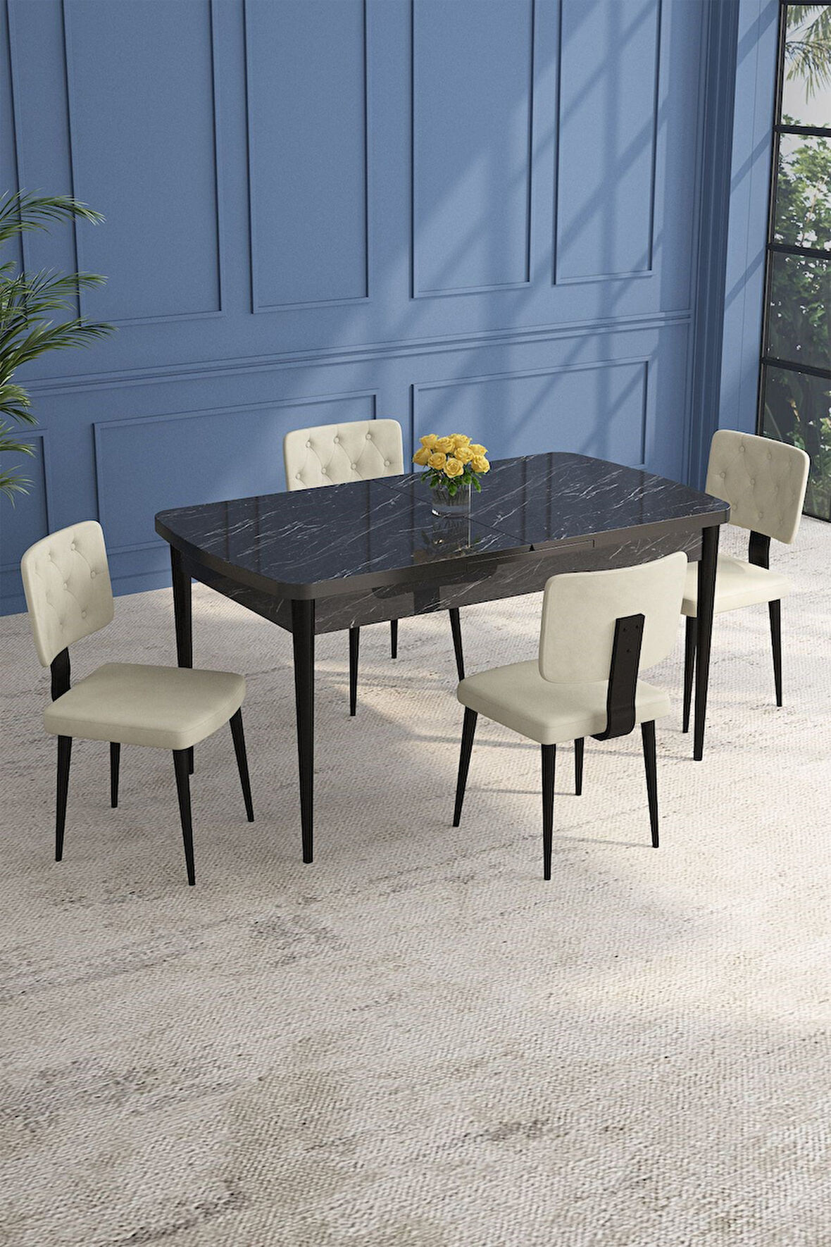 Lars Siyah Mermer 80x132 Açılabilir Mdf Masa Yemek Odası Takımı,Mutfak Takımı 4 Adet Sandalye