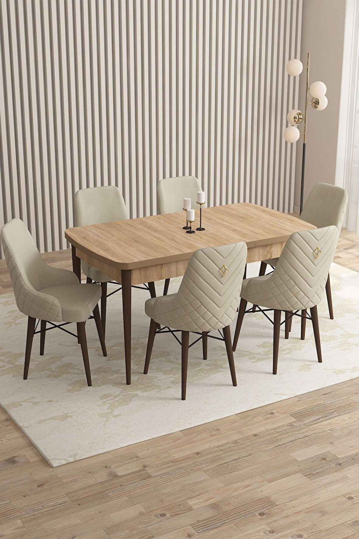 Mazaka Meşe Desen 80x132 Açılabilir Mdf Masa Yemek Odası Takımı, Mutfak Takımı 6 Adet Sandalye 