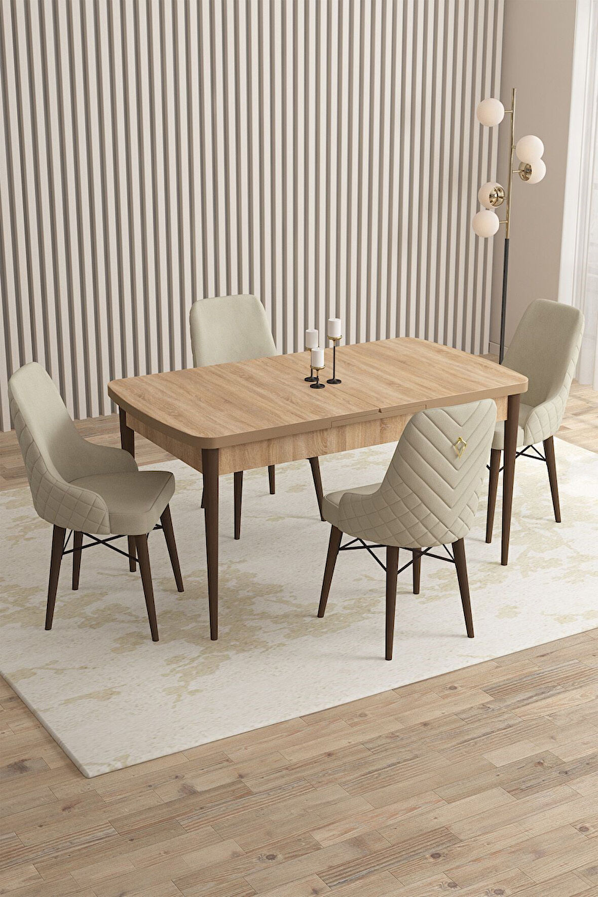 Mazaka Meşe Desen 80x132 Açılabilir Mdf Masa Yemek Odası Takımı, Mutfak Takımı 4 Adet Sandalye