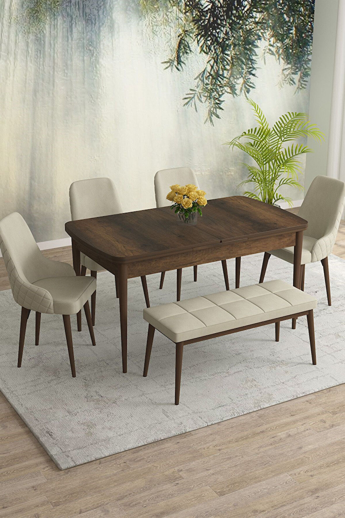 Meri Serisi Barok 80x132 Açılabilir Mdf Masa Yemek Odası Takımı, Mutfak Takımı 4 Sandalye 1 Bench