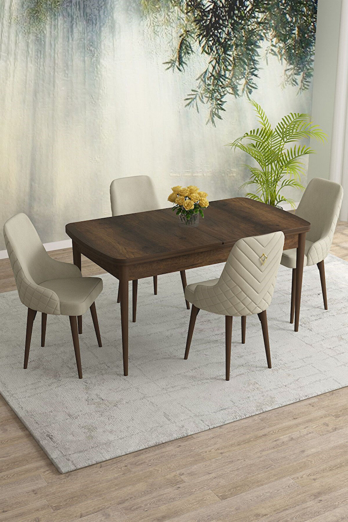 Meri Serisi Barok 80x132 Açılabilir Mdf Masa Yemek Odası Takımı, Mutfak Takımı 4 Adet Sandalye