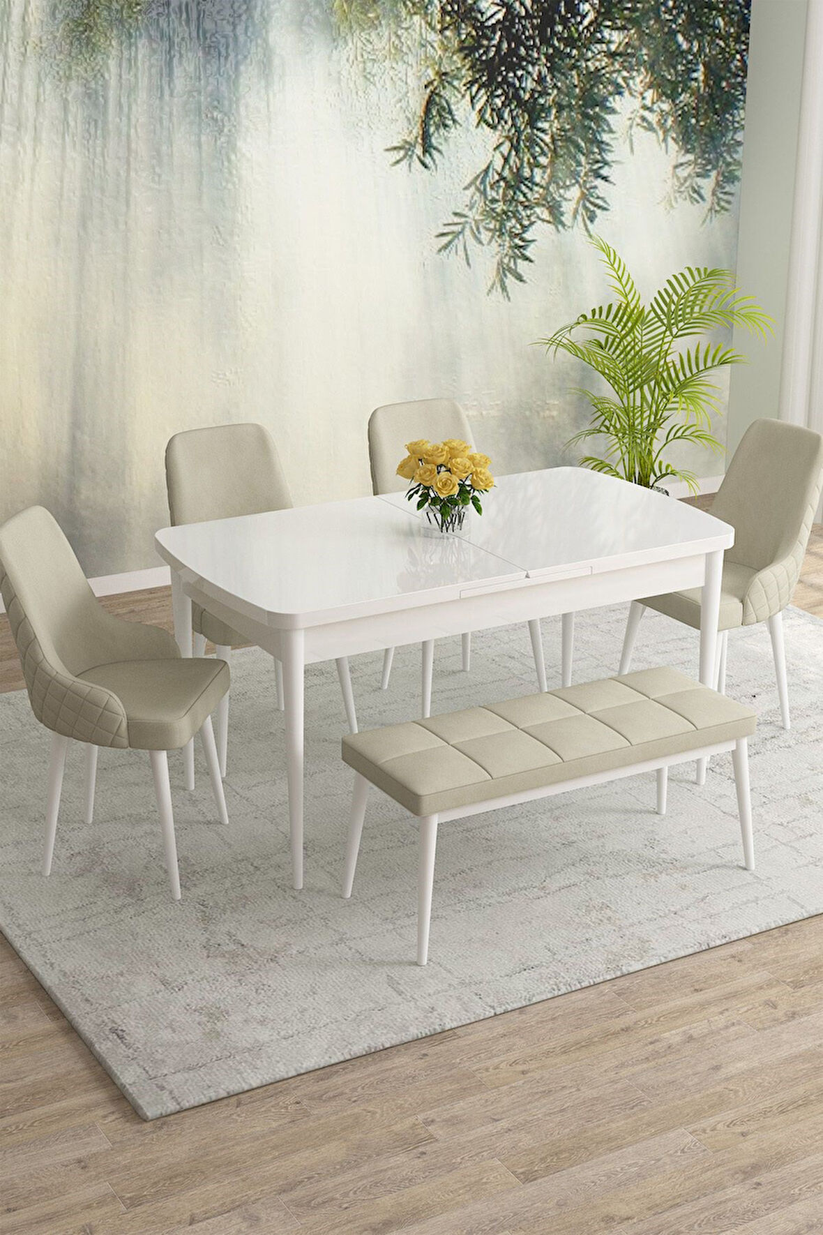 Meri Serisi Beyaz 80x132 Açılabilir Mdf Masa Yemek Odası Takımı,Mutfak Masa Takımı 4 Sandalye 1Bench