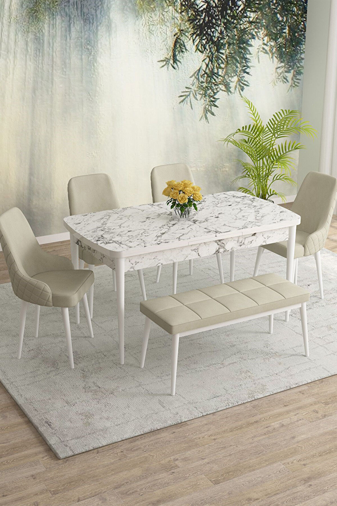 Meri Beyaz Mermer 80x132 Açılabilir Mdf Masa Yemek Odası Takımı,Mutfak Masa Takımı 4 Sandalye 1Bench
