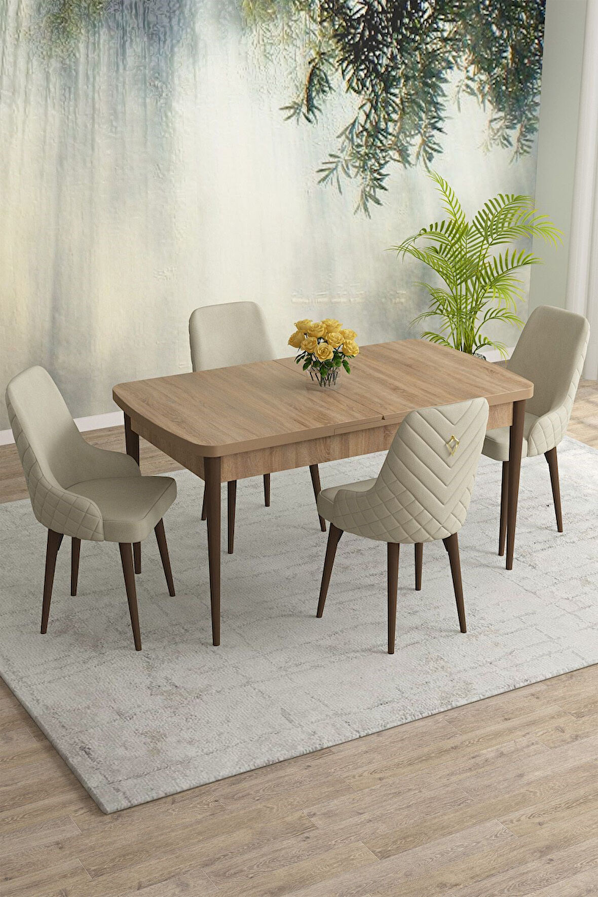 Meri Serisi Meşe Desen 80x132 Açılabilir Mdf Masa Yemek Odası Takımı, Mutfak Takımı 4 Adet Sandalye