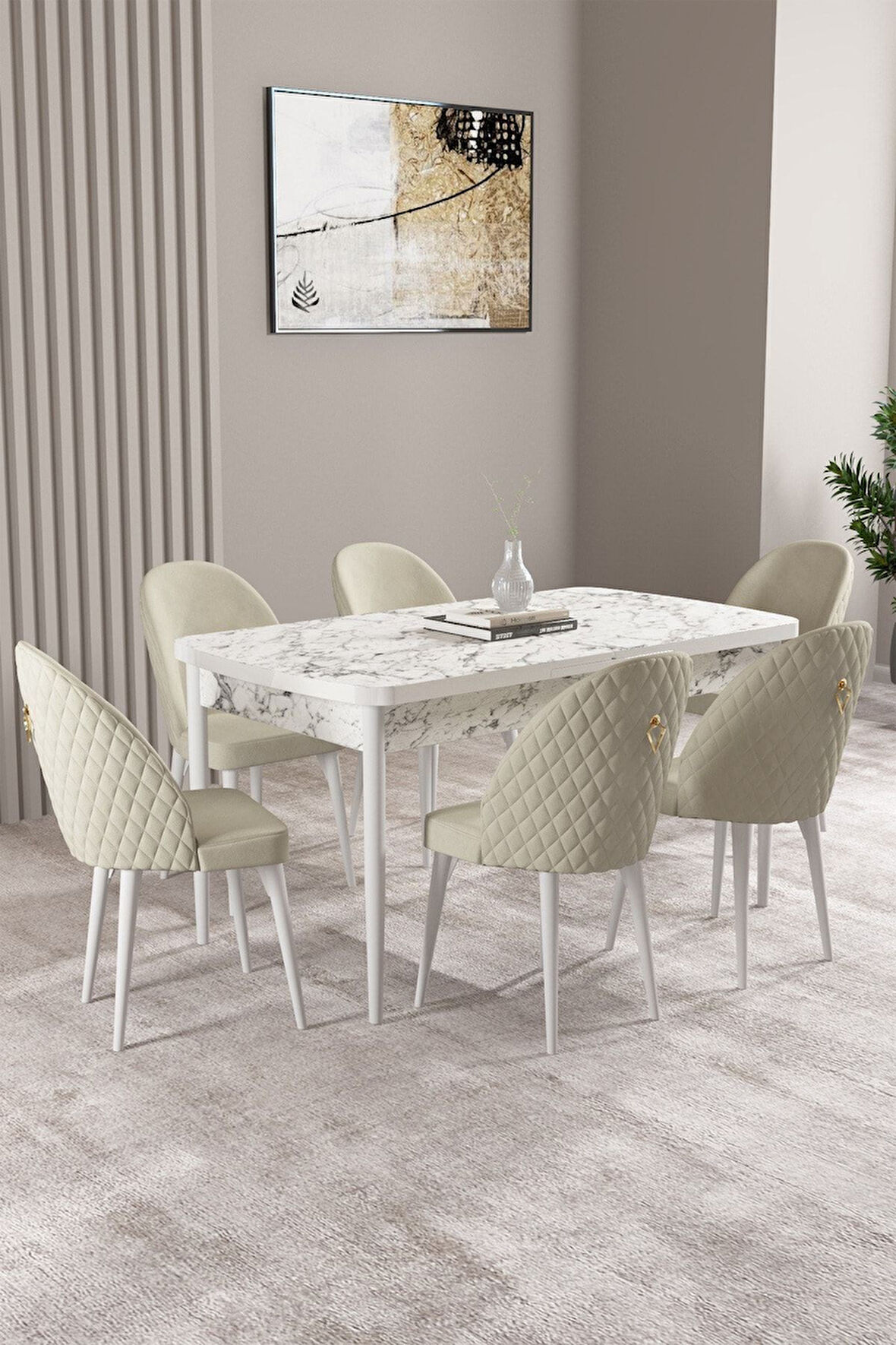 Milas Beyaz Mermer Desen 80x132 Açılabilir Mdf Masa Yemek Odası Takımı, Mutfak Takımı 6 Sandalye