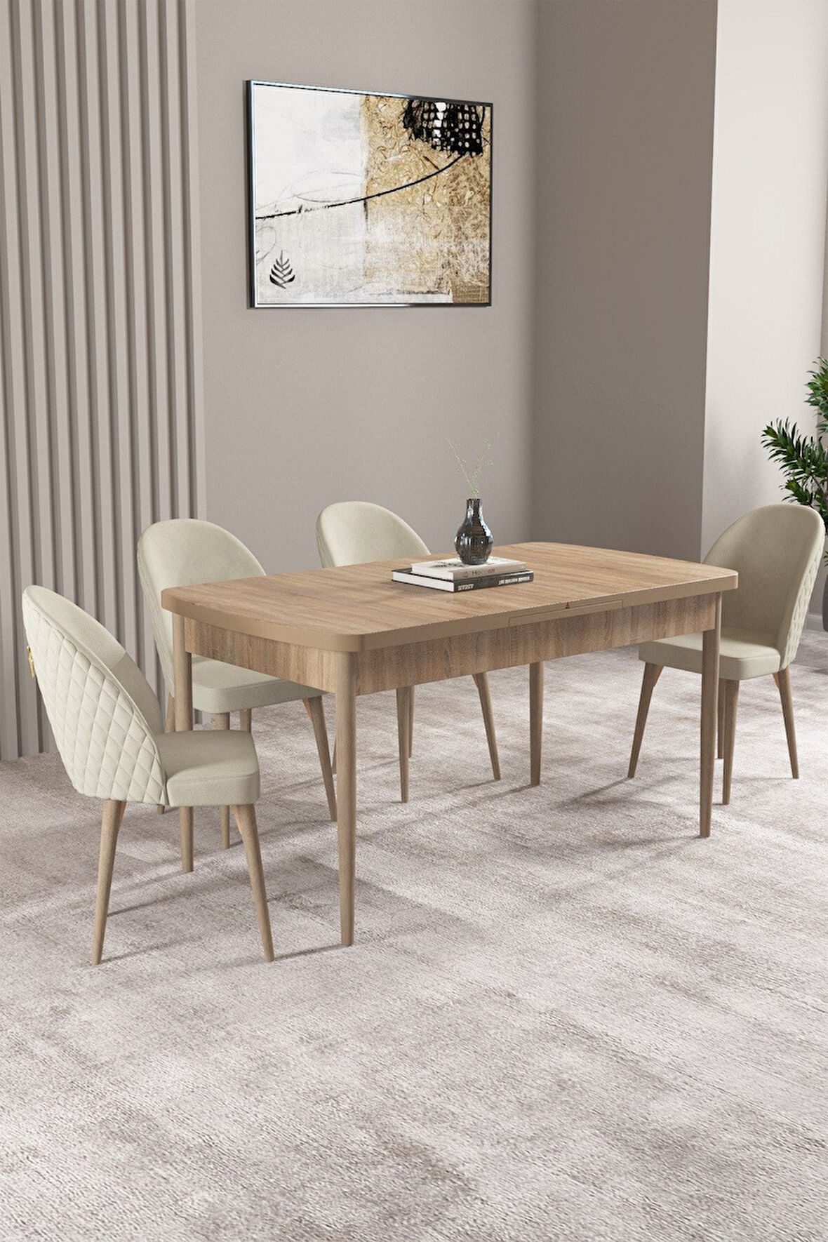 Milas Meşe Desen 80x132 Açılabilir Mdf Masa Yemek Odası Takımı, Mutfak Takımı 4 Adet Sandalye