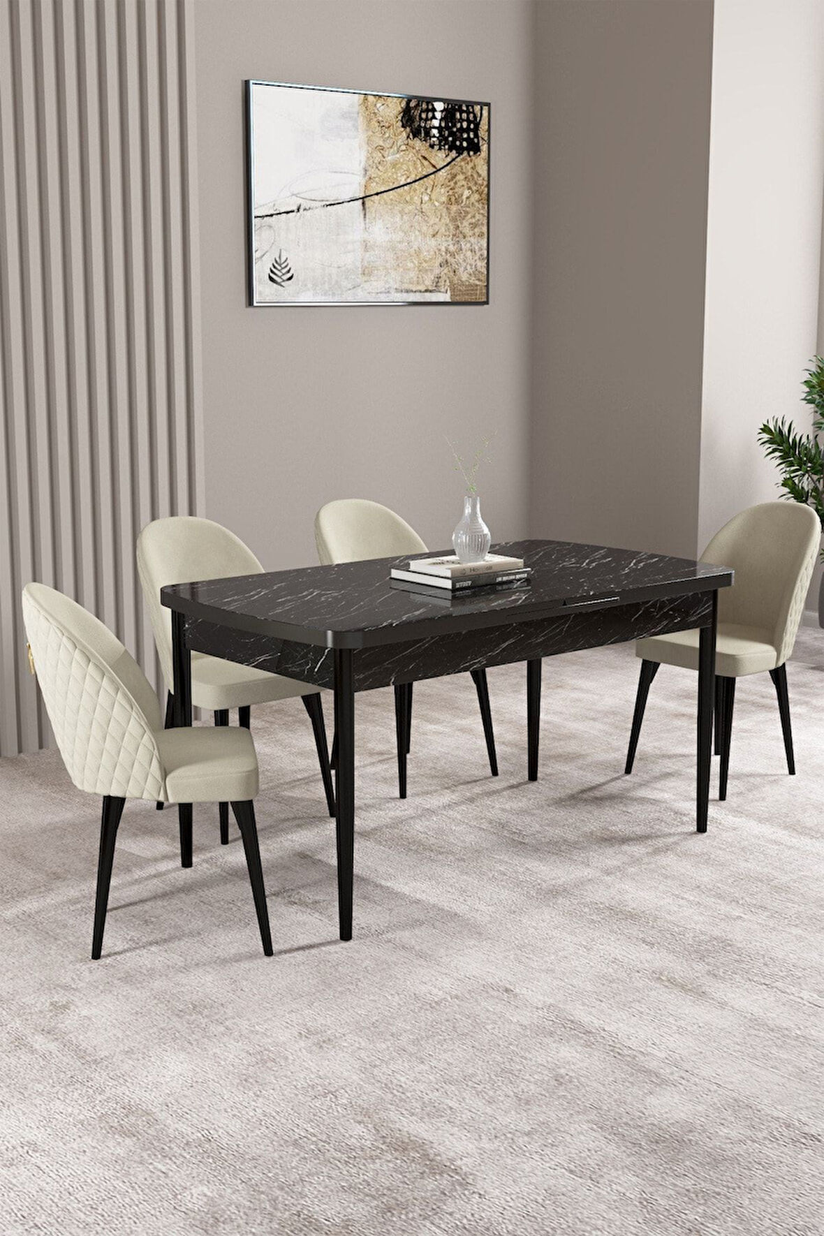 Milas Siyah Mermer Desen 80x132 Açılabilir Mdf Masa Yemek Odası Takımı,Mutfak Takımı 4 Adet Sandalye