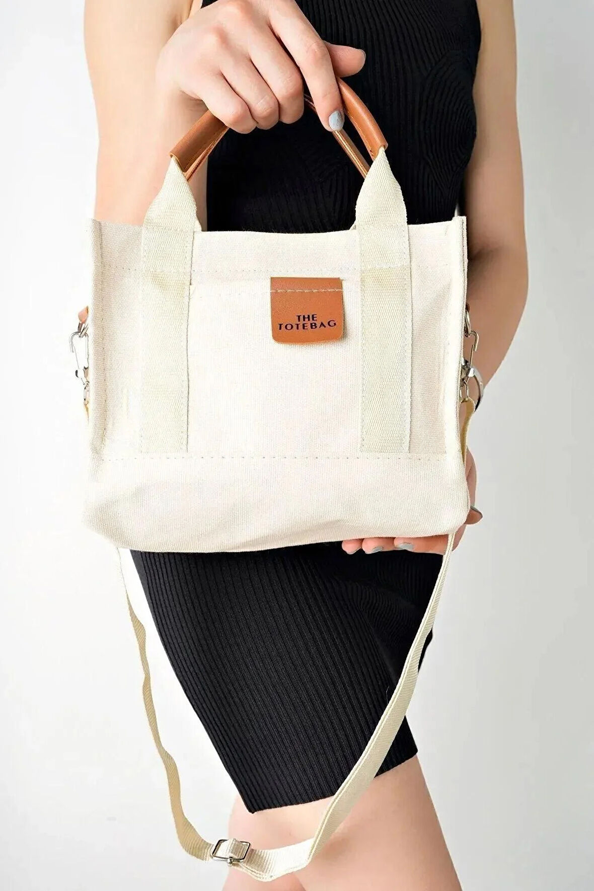 Kadın Krem Kanvas Çapraz Askılı Mini The Tote Bag El Omuz Çanta