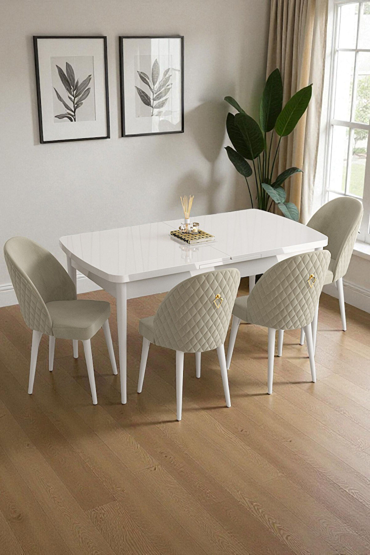 Mura Beyaz 80x132 Açılabilir Mdf Masa Yemek Odası Takımı, Mutfak Takımı 4 Adet Sandalye