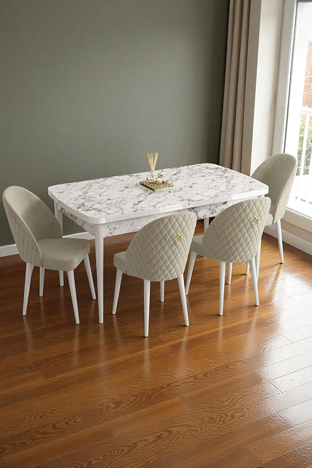 Mura Beyaz Mermer 80x132 Açılabilir Mdf Masa Yemek Odası Takımı, Mutfak Takımı 4 Adet Sandalye