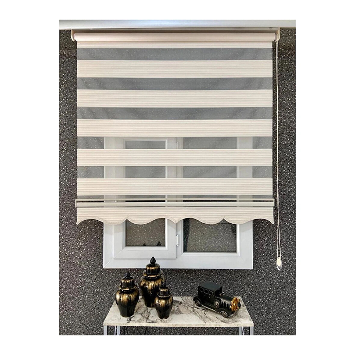 Krem Geniş Plise Etek Dilimli Zebra Stor Güneşlik Perde