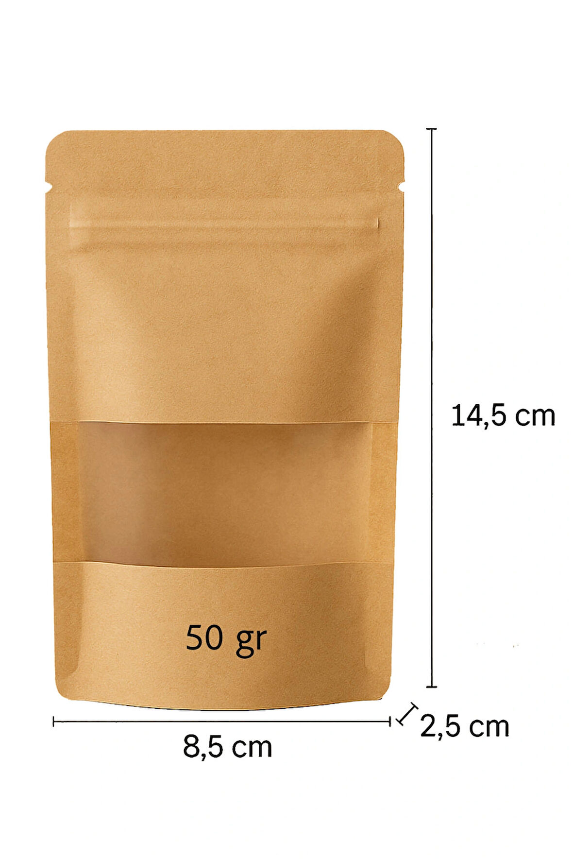 Kraft Pencereli Doypack - 50 gr - 8.5 X 14.5 X 2.5 Cm (50 ADET)