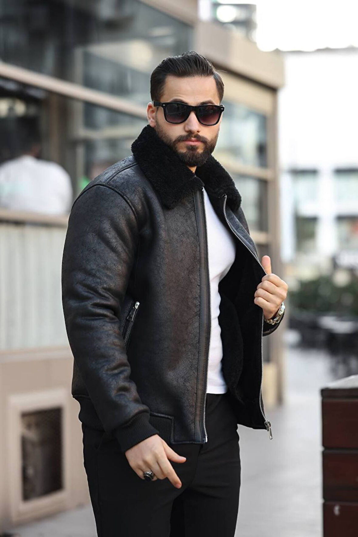 Kürk Yaka Ribanalı Deri Ceket - Kürklü Şık Model