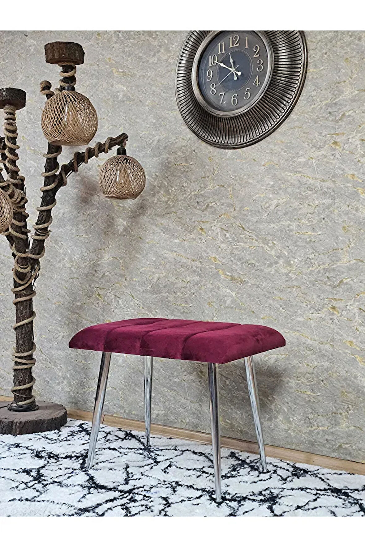 Krom Sivriltme Ayaklı 60 cm Puf Bench - Puf - Bench - Oturak - Mutfak Oturağı - Antre Oturağı Bordo Renk 60 x 40 Boyut/Ebat