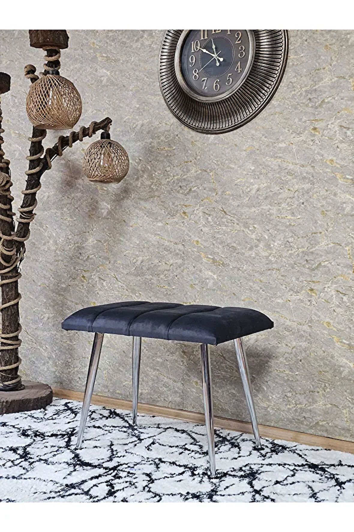 Krom Sivriltme Ayaklı 60 cm Puf Bench - Puf - Bench - Oturak - Mutfak Oturağı - Antre Oturağı Füme Renk 60 x 40 Boyut/Ebat