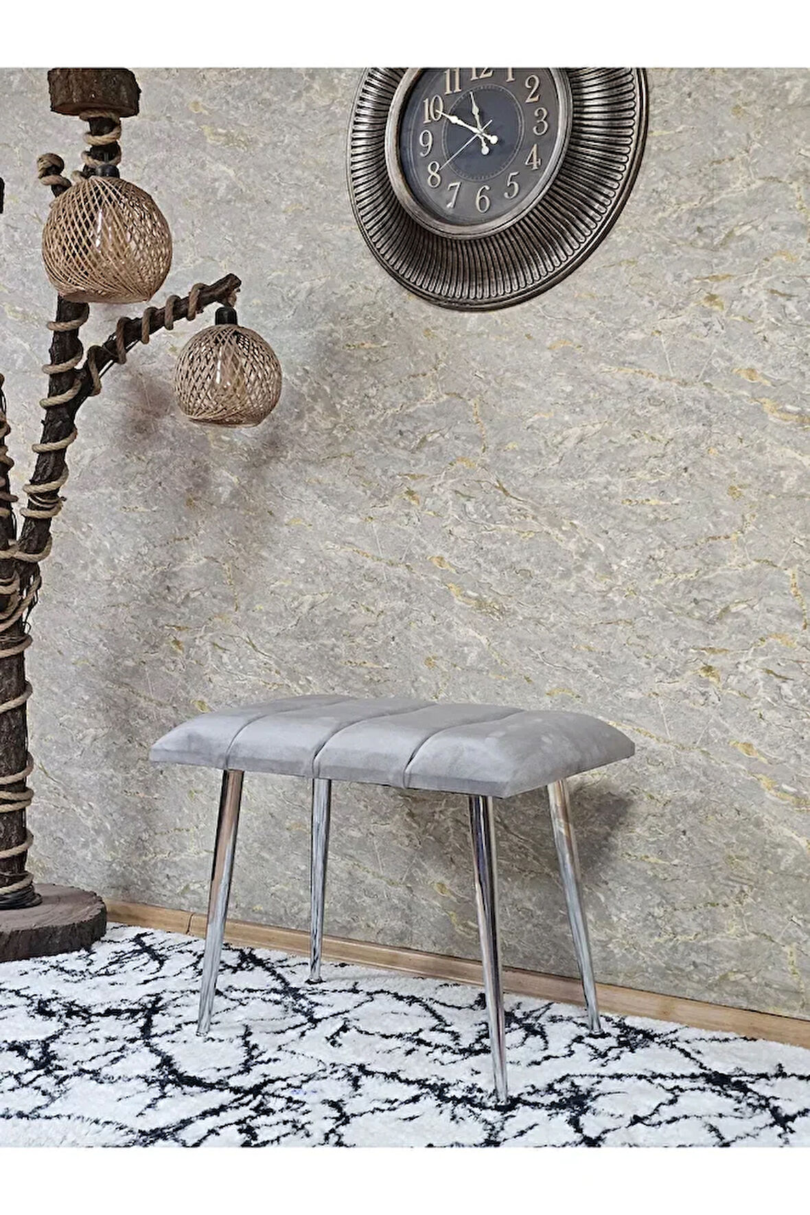 Krom Sivriltme Ayaklı 60 cm Puf Bench - Puf - Bench - Oturak - Mutfak Oturağı - Antre Oturağı Gri Renk 60 x 40 Boyut/Ebat
