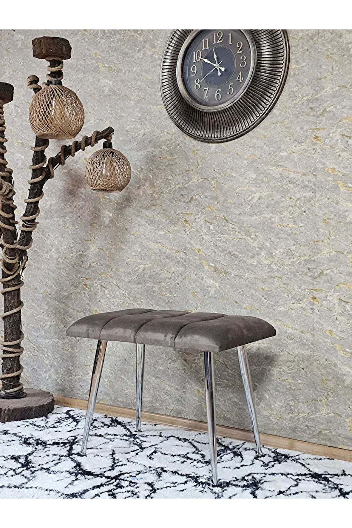 Krom Sivriltme Ayaklı 60 cm Puf Bench - Puf - Bench - Oturak - Mutfak Oturağı - Antre Oturağı Kahverengi Renk 60 x 40 Boyut/Ebat
