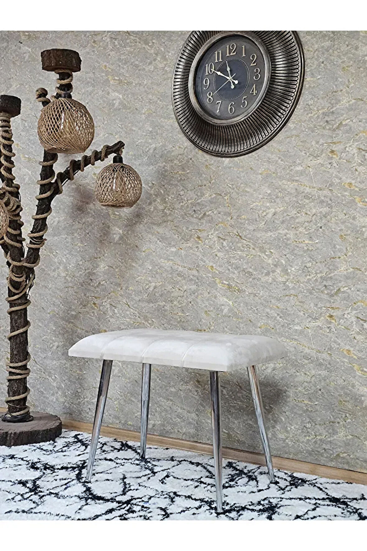 Krom Sivriltme Ayaklı 60 cm Puf Bench - Puf - Bench - Oturak - Mutfak Oturağı - Antre Oturağı Krem Renk 60 x 40 Boyut/Ebat