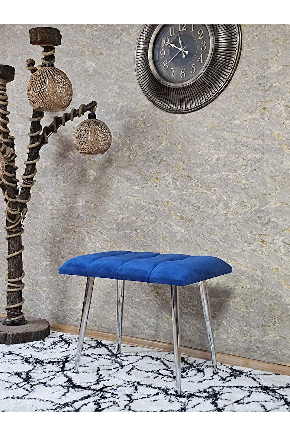 Krom Sivriltme Ayaklı 60 cm Puf Bench - Puf - Bench - Oturak - Mutfak Oturağı - Antre Oturağı Mavi Renk 60 x 40 Boyut/Ebat