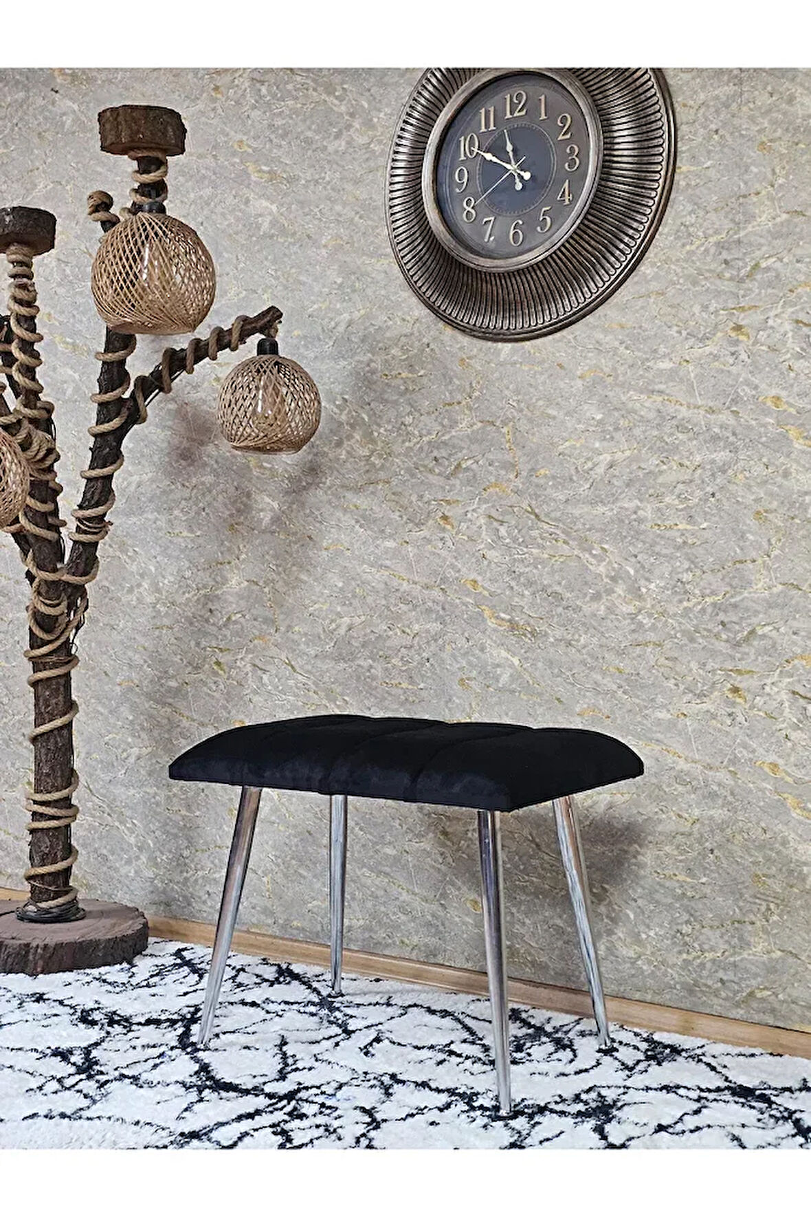 Krom Sivriltme Ayaklı 60 cm Puf Bench - Puf - Bench - Oturak - Mutfak Oturağı - Antre Oturağı Siyah Renk 60 x 40 Boyut/Ebat