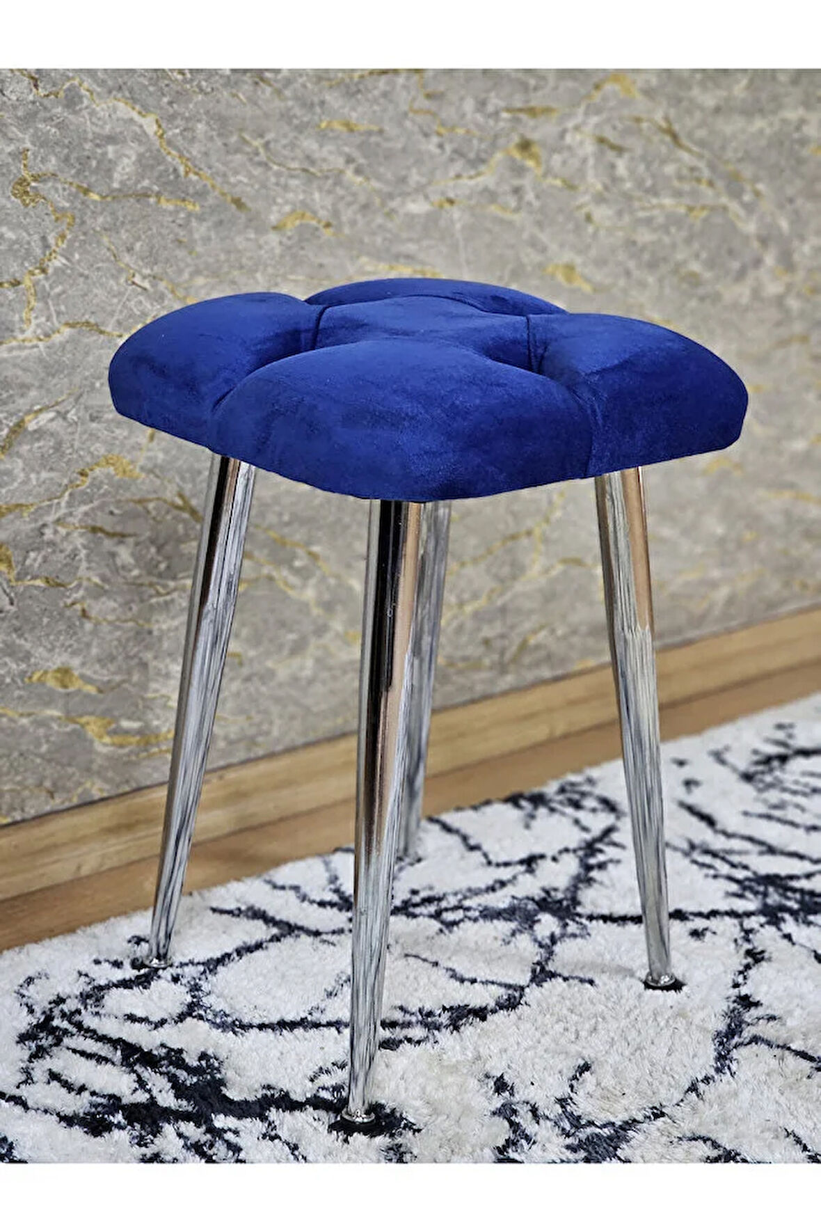 Kare Krom Kaplama Konik Ayaklı Tabure - Oturak - Bar Taburesi - Ayaklı Tabure Mavi Renk 48 x 33 Boyut/Ebat