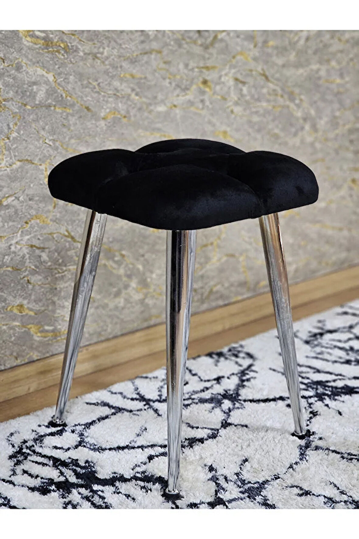 Kare Krom Kaplama Konik Ayaklı Tabure - Oturak - Bar Taburesi - Ayaklı Tabure Siyah Renk 48 x 33 Boyut/Ebat