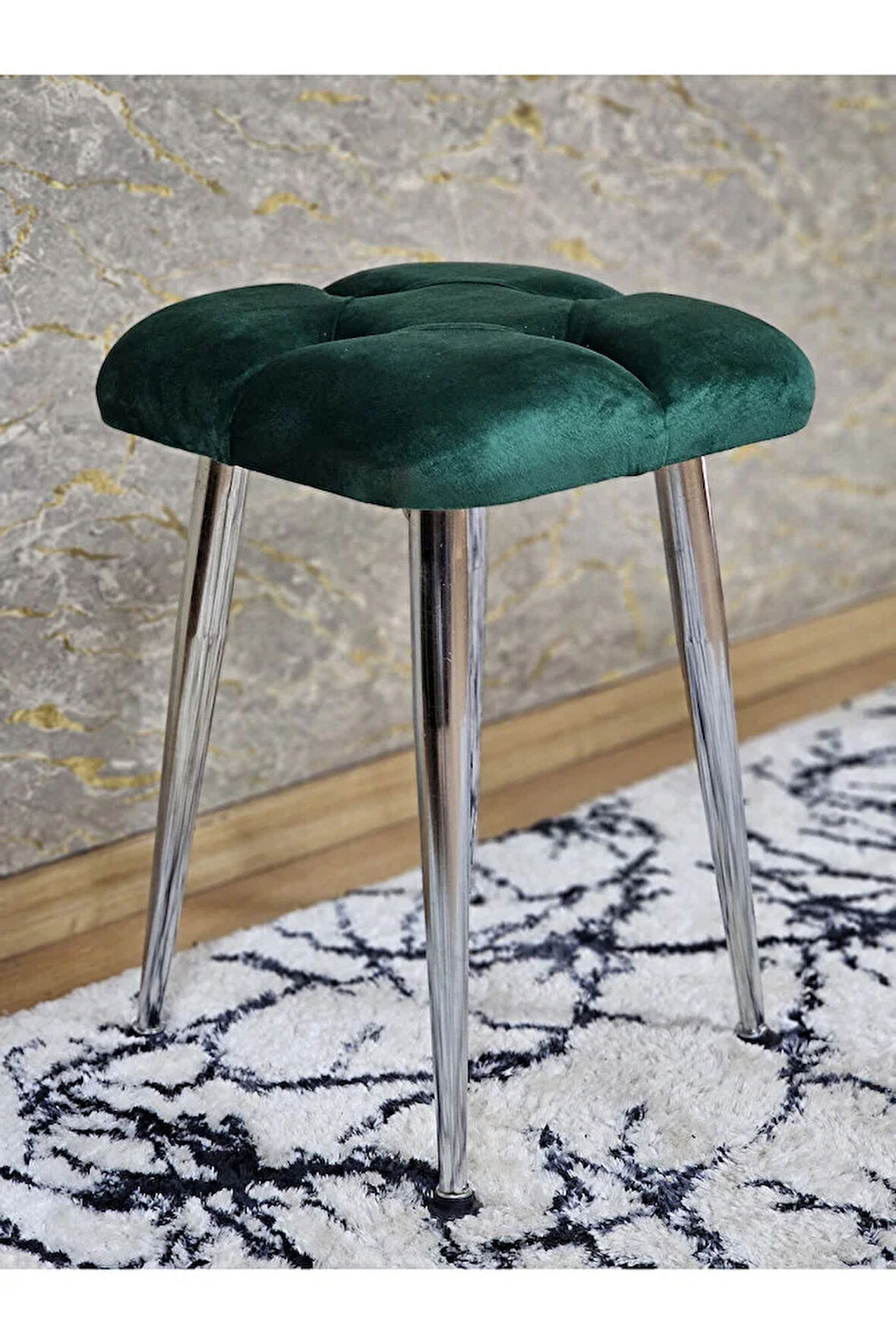 Kare Krom Kaplama Konik Ayaklı Tabure - Oturak - Bar Taburesi - Ayaklı Tabure Yeşil Renk 48 x 33 Boyut/Ebat