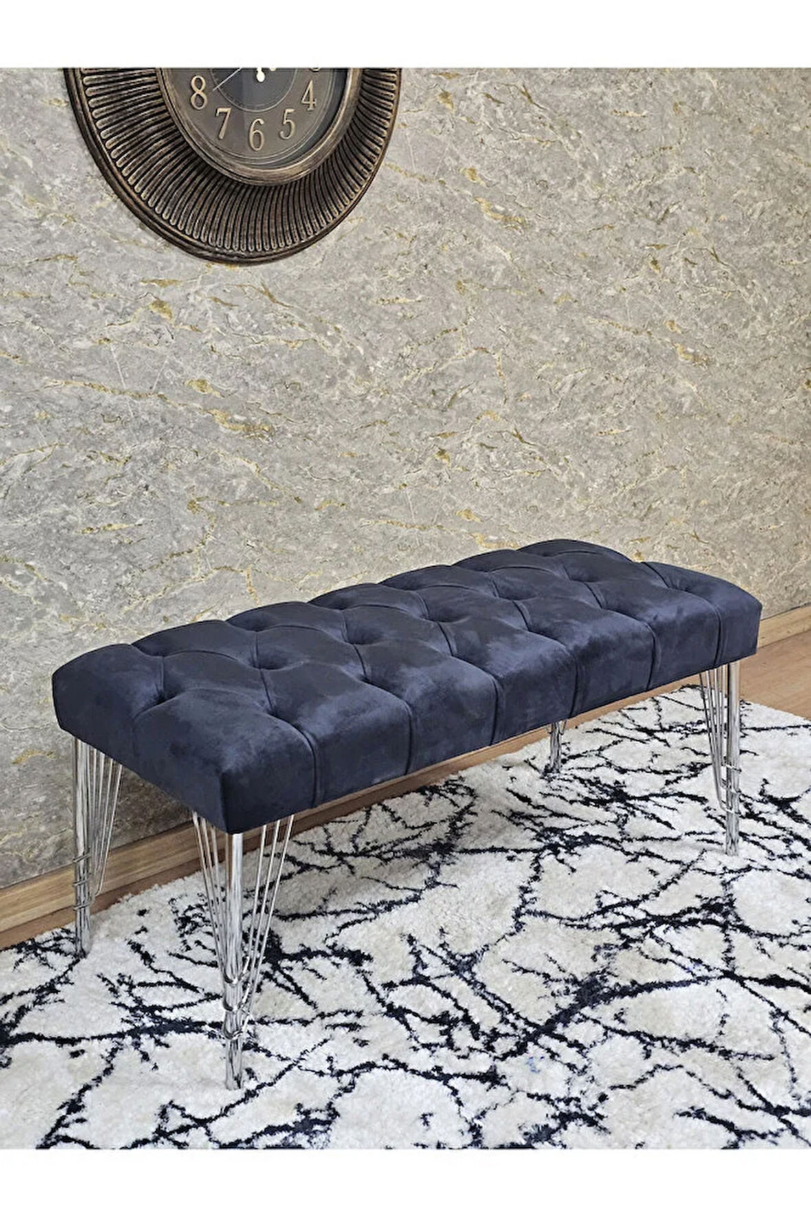 Krom Tel Ayaklı 90 cm Puf Bench - Puf - Bench - Kasalı Oturak - Oturak - Yatak Ucu Puf Füme Renk 90 x 40 Boyut/Ebat