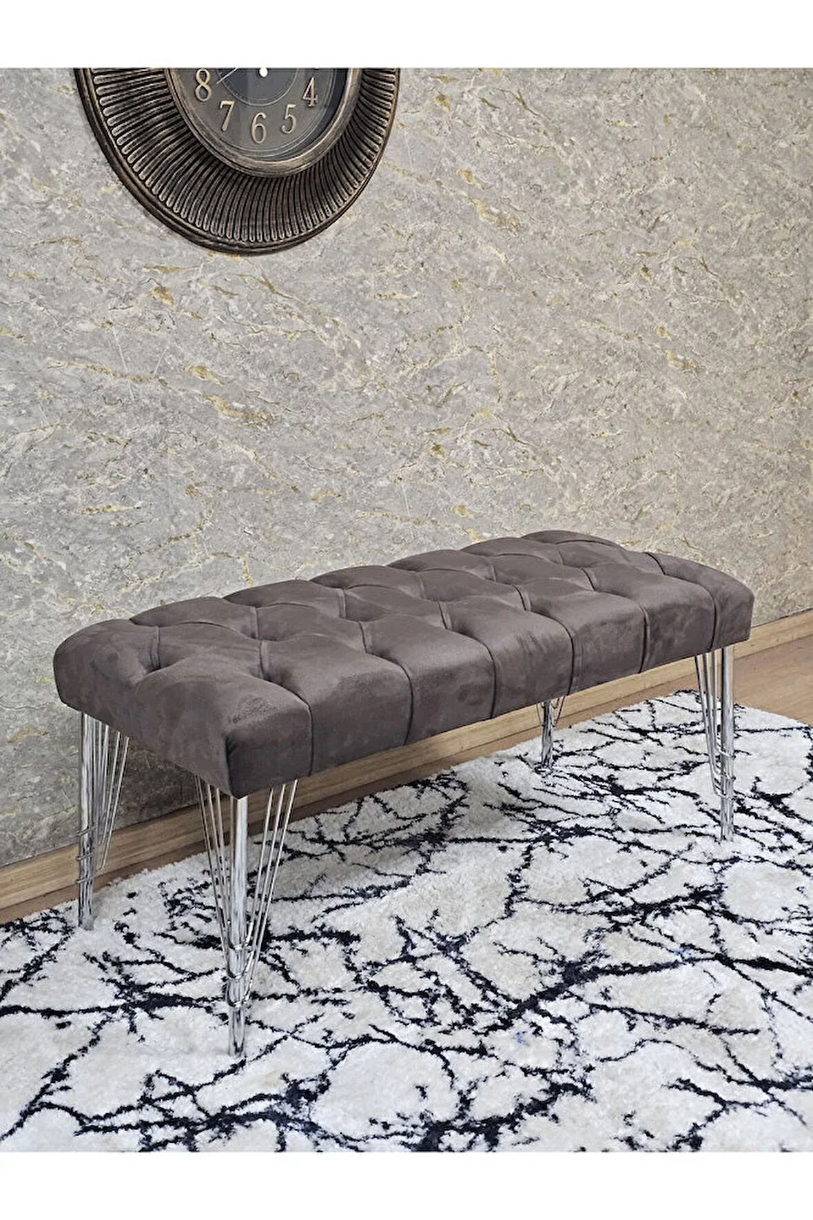 Krom Tel Ayaklı 90 cm Puf Bench - Puf - Bench - Kasalı Oturak - Oturak - Yatak Ucu Puf Kahverengi Renk 90 x 40 Boyut/Ebat